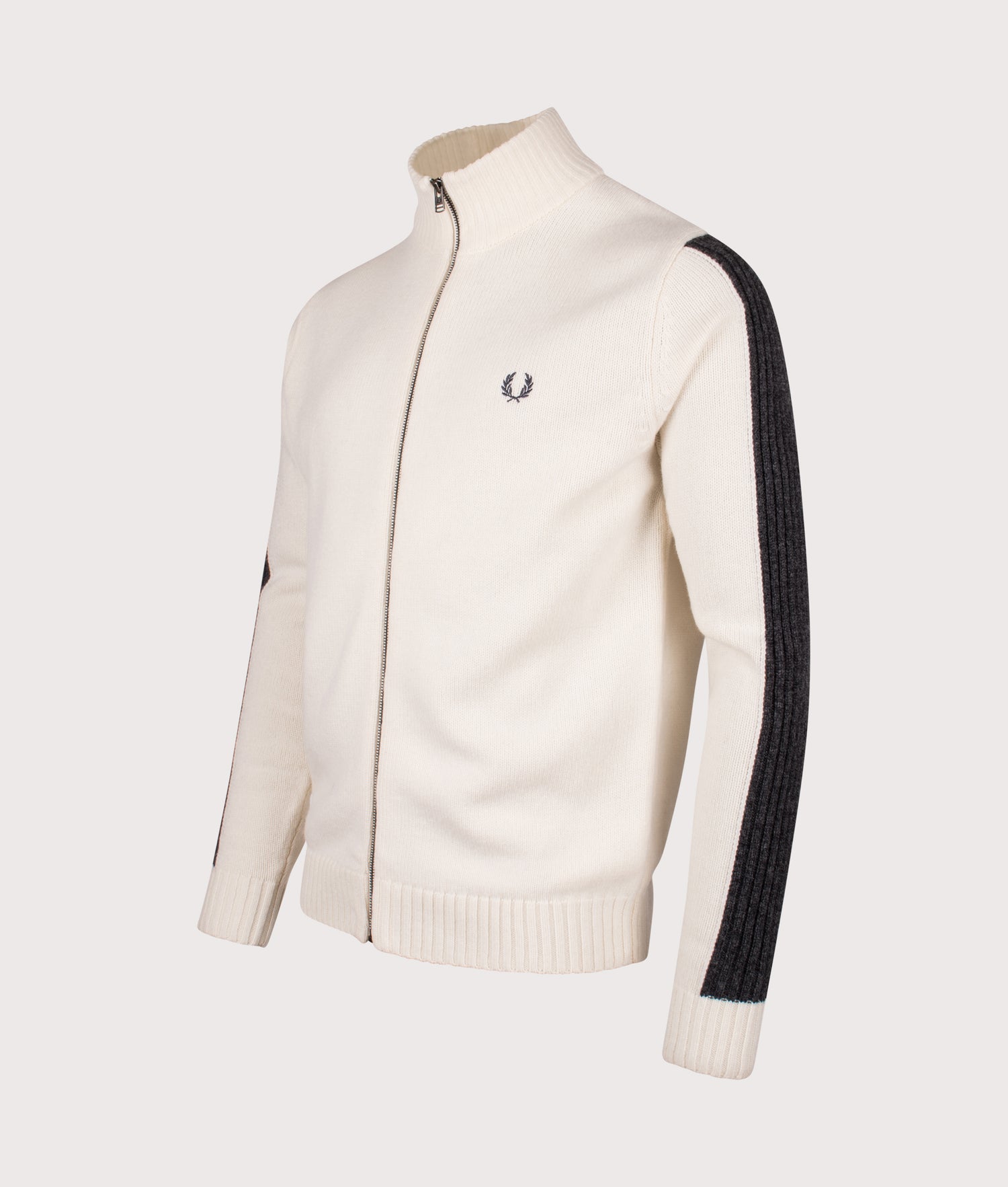 Ribbed Sleeve Zip Through Cardigan in Ecru | Fred Perry | EQVVS