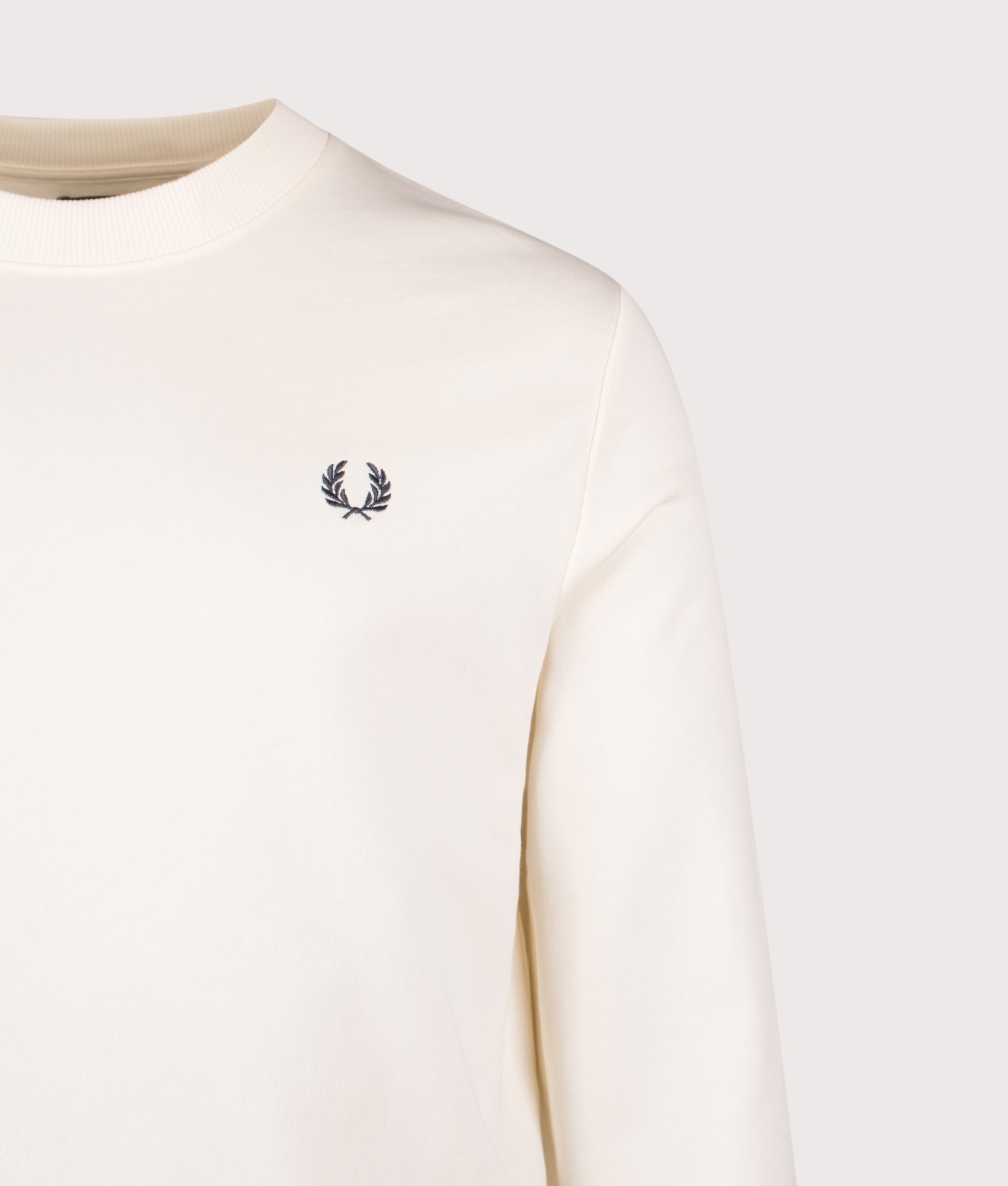 Crew Neck Sweatshirt in Ecru/Tennis Ball Yellow/Anchor Grey | 100% Cotton | Fred Perry | EQVVS | Front detail shot 