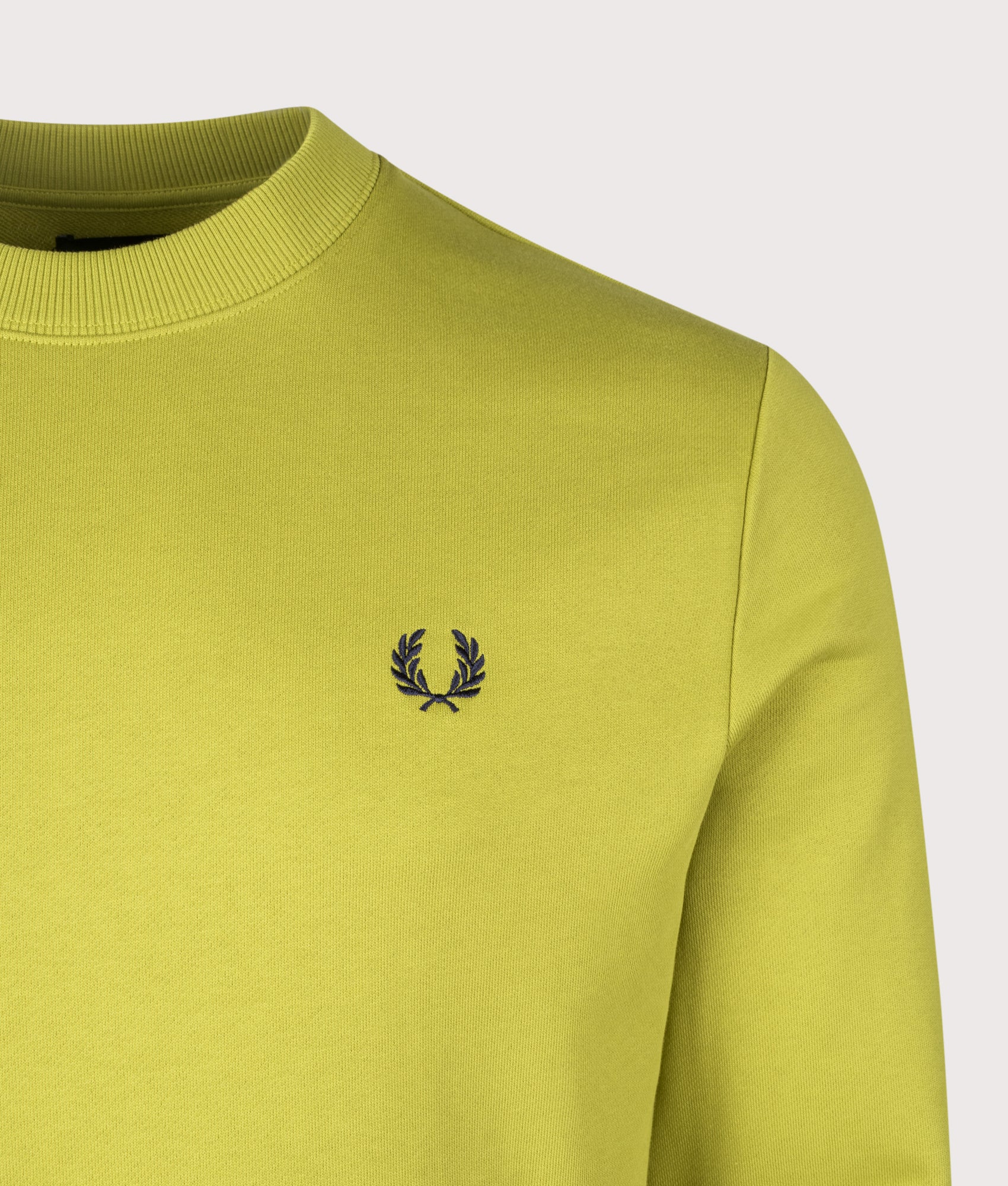 Crew Neck Sweatshirt in Tennis Ball Yellow/Ecru/French Navy | 100% Cotton | Fred Perry | EQVVS | Front detail shot 