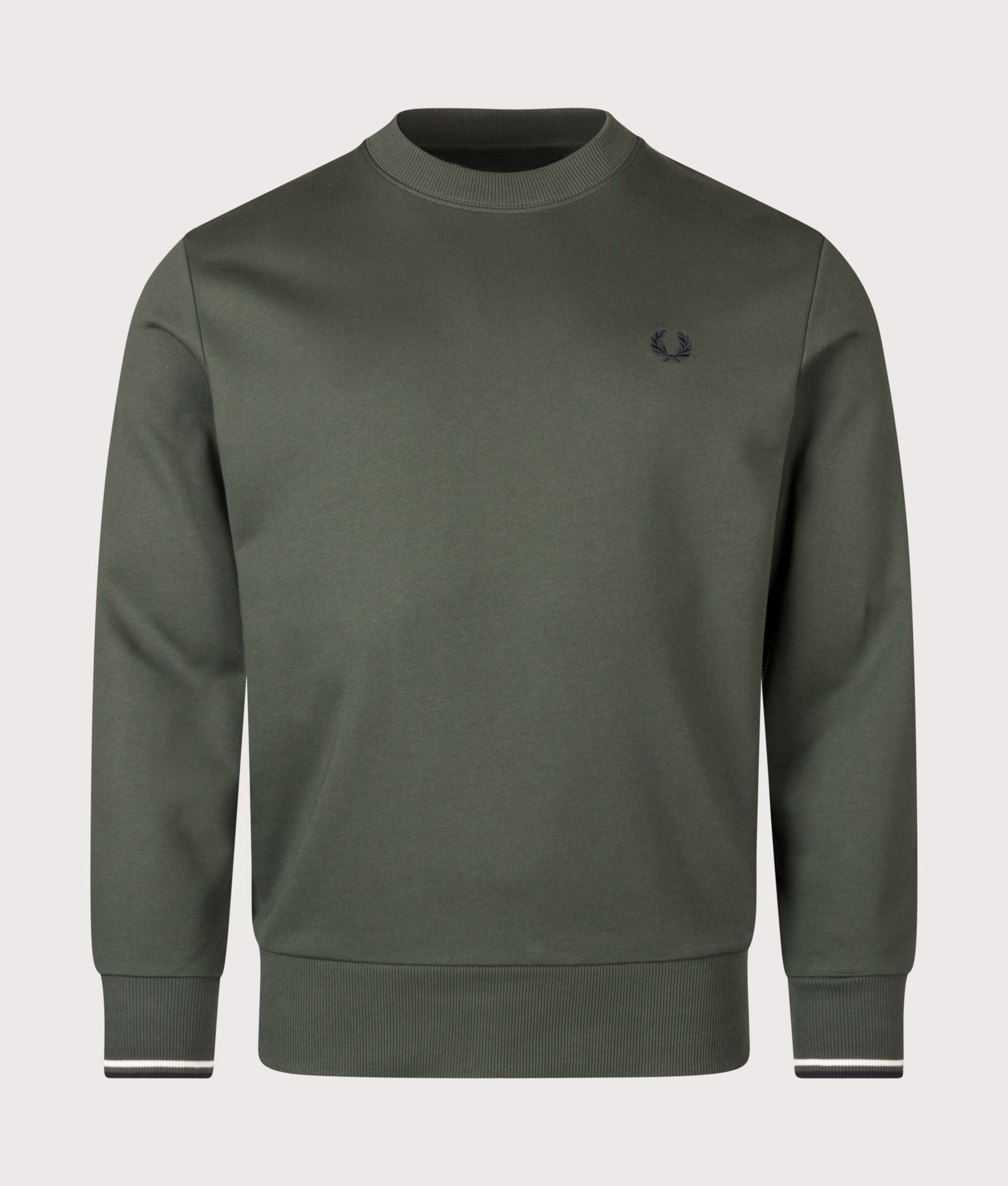 Crew Neck Sweatshirt in Court Green/Snow White/Navy | 100% Cotton | Fred Perry | EQVVS | Front shot 