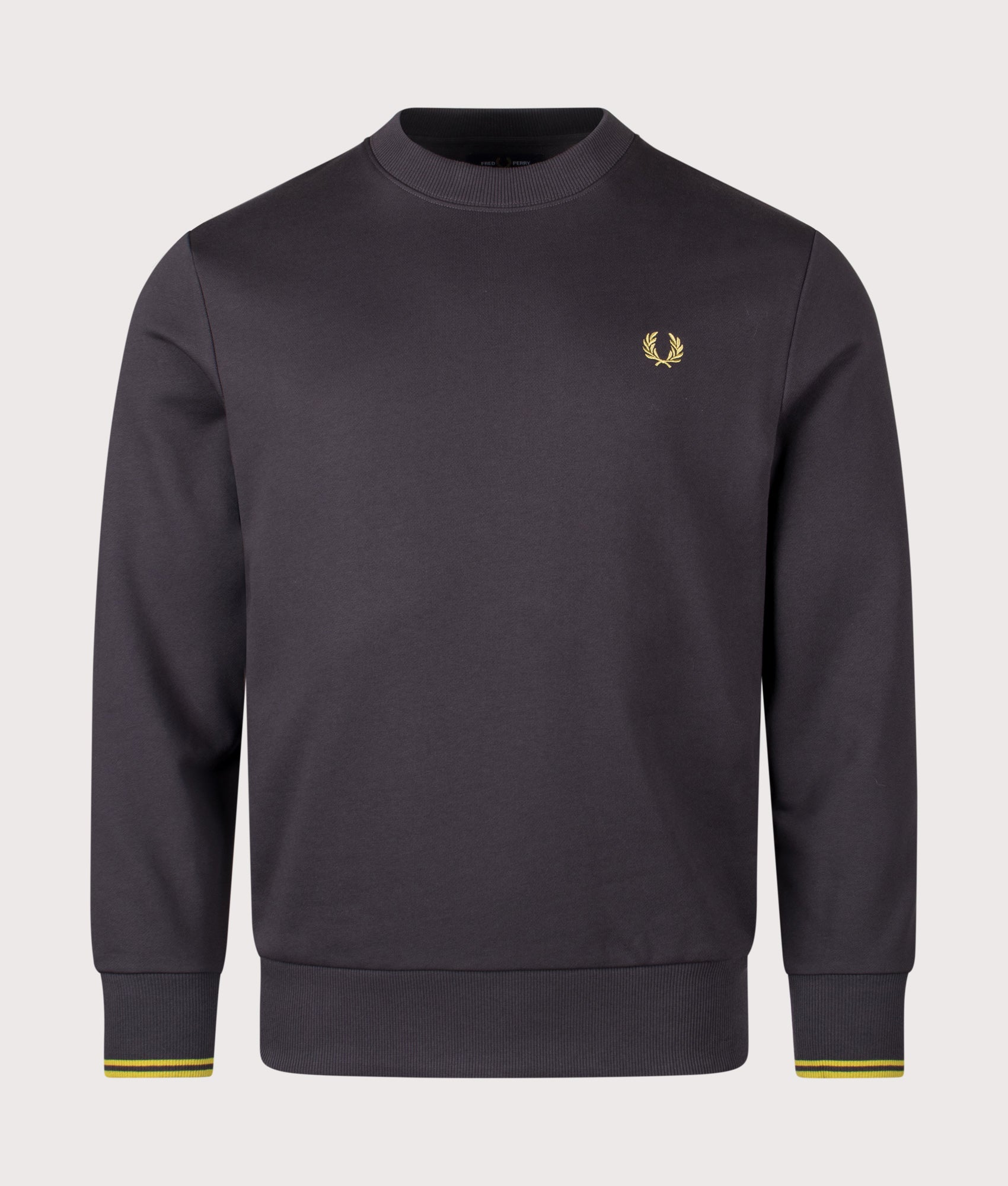 Crew Neck Sweatshirt in Anchor Grey/Tennis Ball Yellow | 100% Cotton | Fred Perry | EQVVS | Front shot 