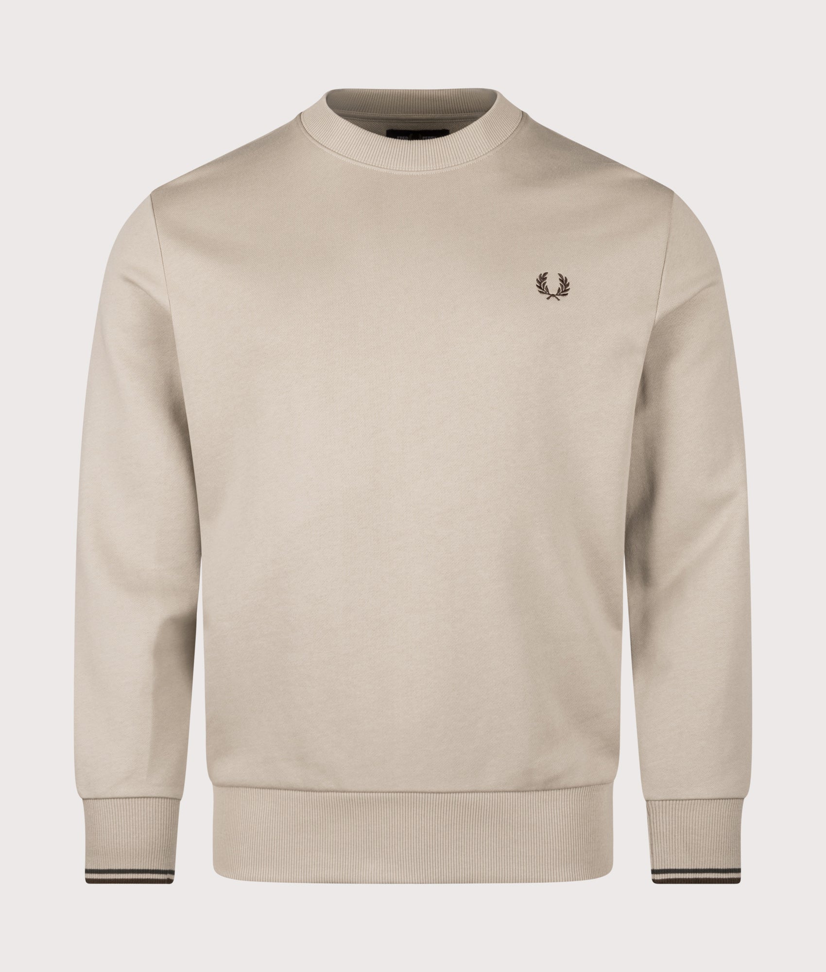 Crew Neck Sweatshirt in Warm Oat/Court Green/Burnt Tobacco | 100% Cotton | Fred Perry | EQVVS | Front shot 
