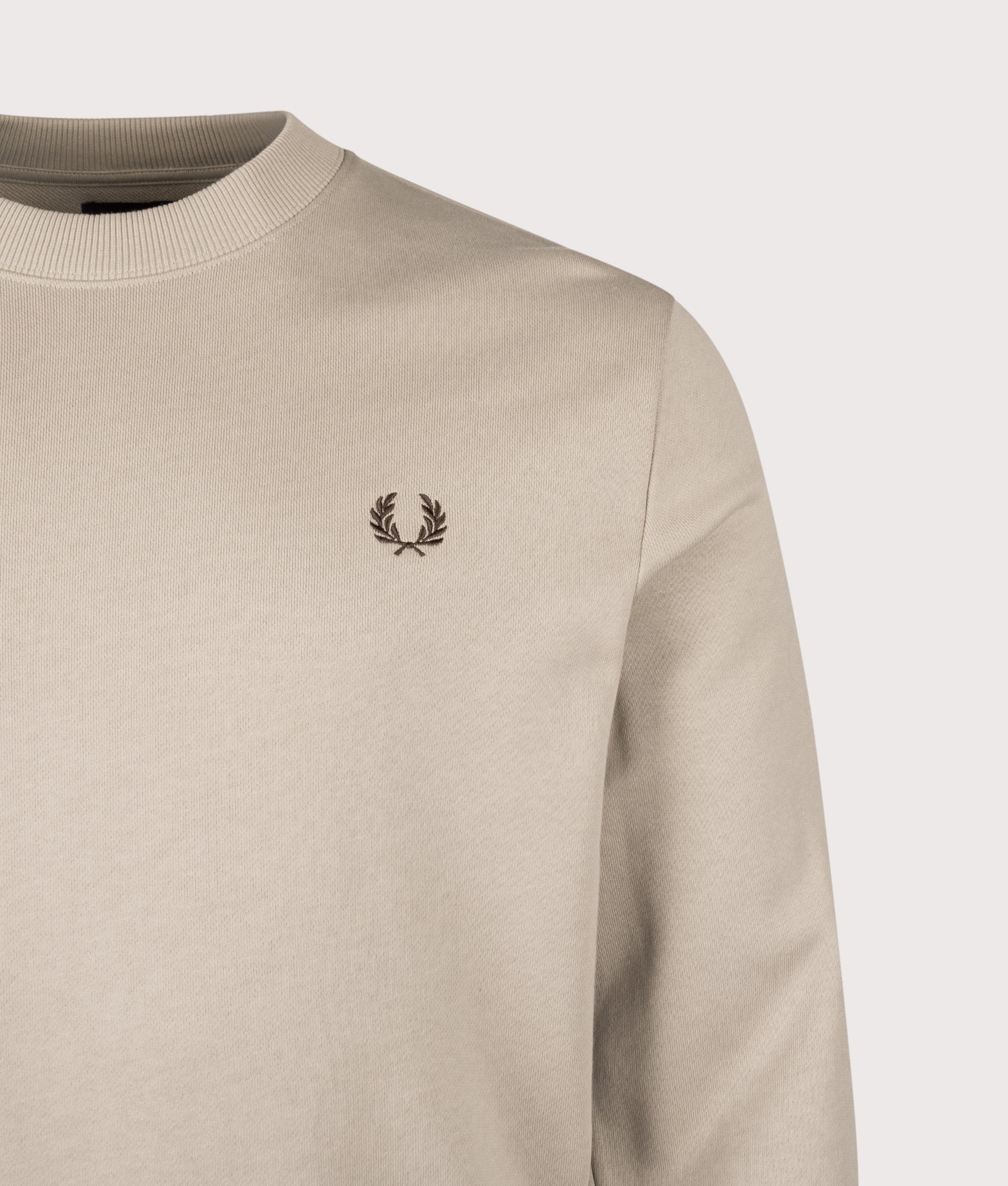 Crew Neck Sweatshirt in Warm Oat/Court Green/Burnt Tobacco | 100% Cotton | Fred Perry | EQVVS | Front detail shot 