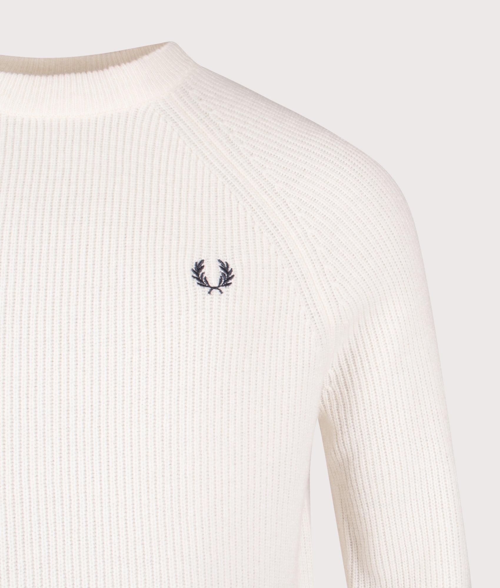 Lambswool Raglan Jumper in Ecru | 100% Wool | Fred Perry | EQVVS | Front detail shot 