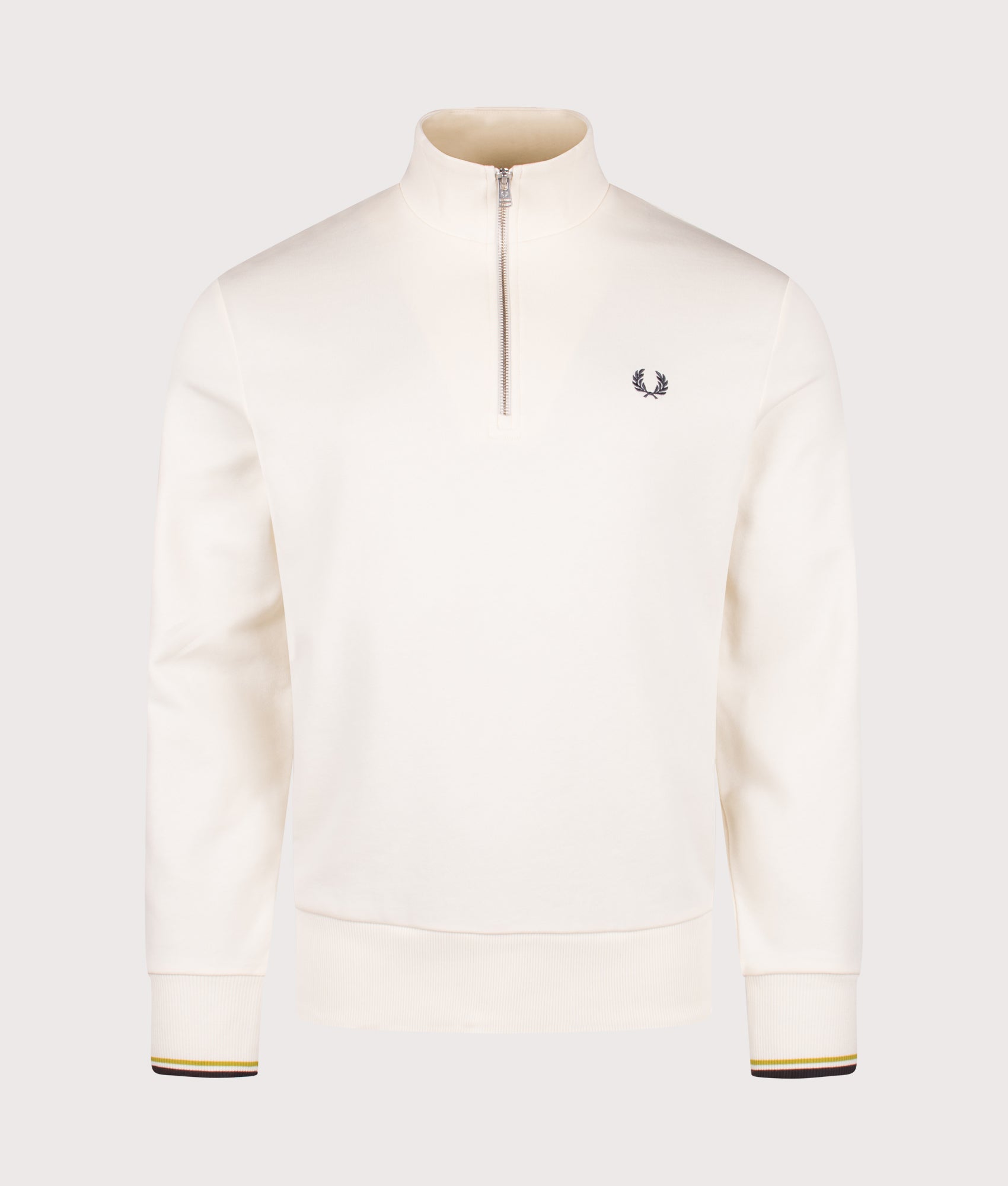 Quarter Zip Sweatshirt in Ecru/Tennis Ball Yellow/Anchor Grey | 100% Cotton | Fred Perry | EQVVS | Front shot 