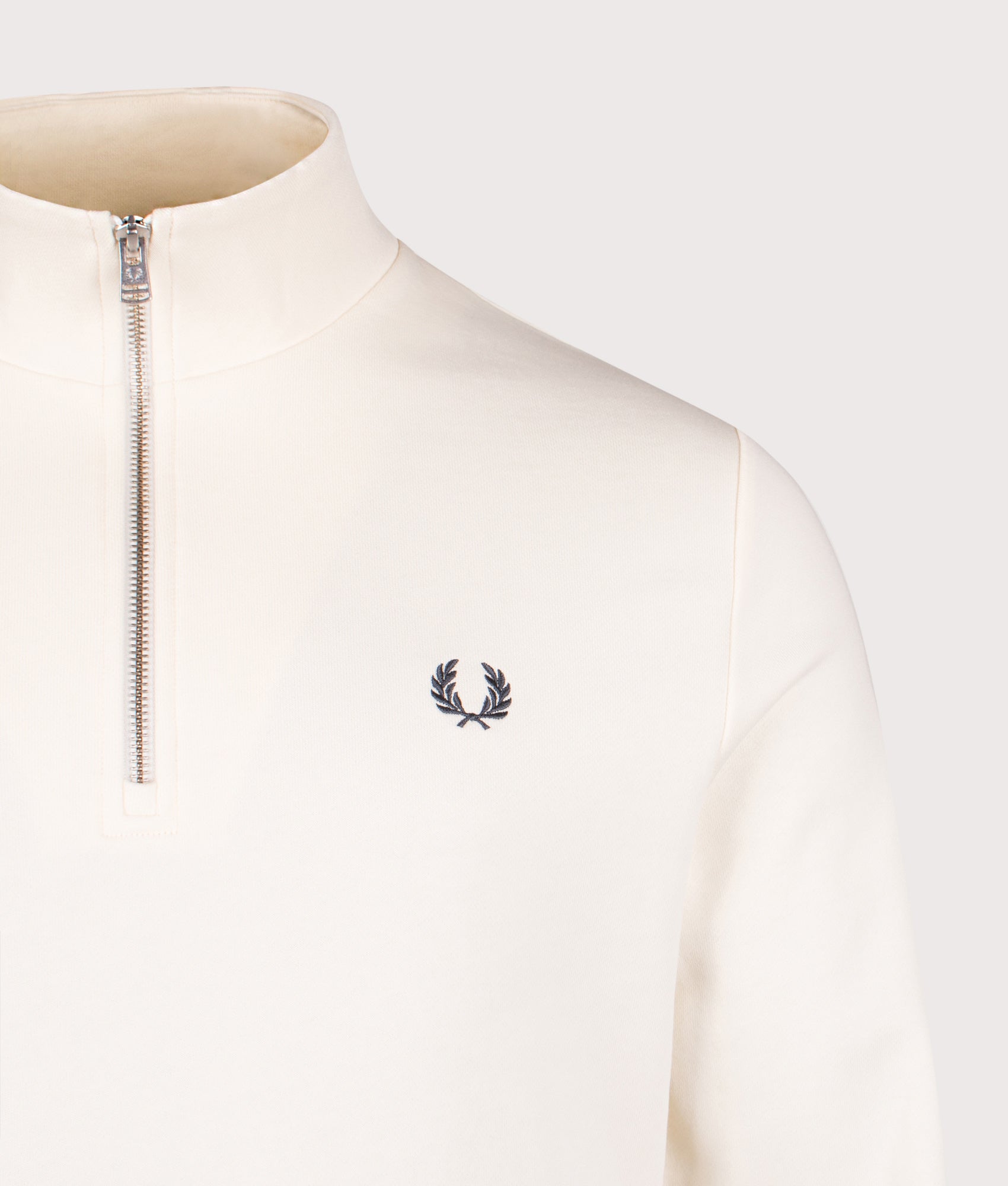 Quarter Zip Sweatshirt in Ecru/Tennis Ball Yellow/Anchor Grey | 100% Cotton | Fred Perry | EQVVS | Front detail shot 
