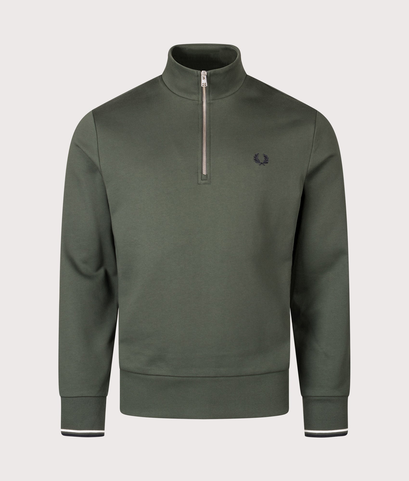 Quarter Zip Sweatshirt in Court Green/Snow White/Navy | 100% Cotton | Fred Perry | EQVVS | Front shot 