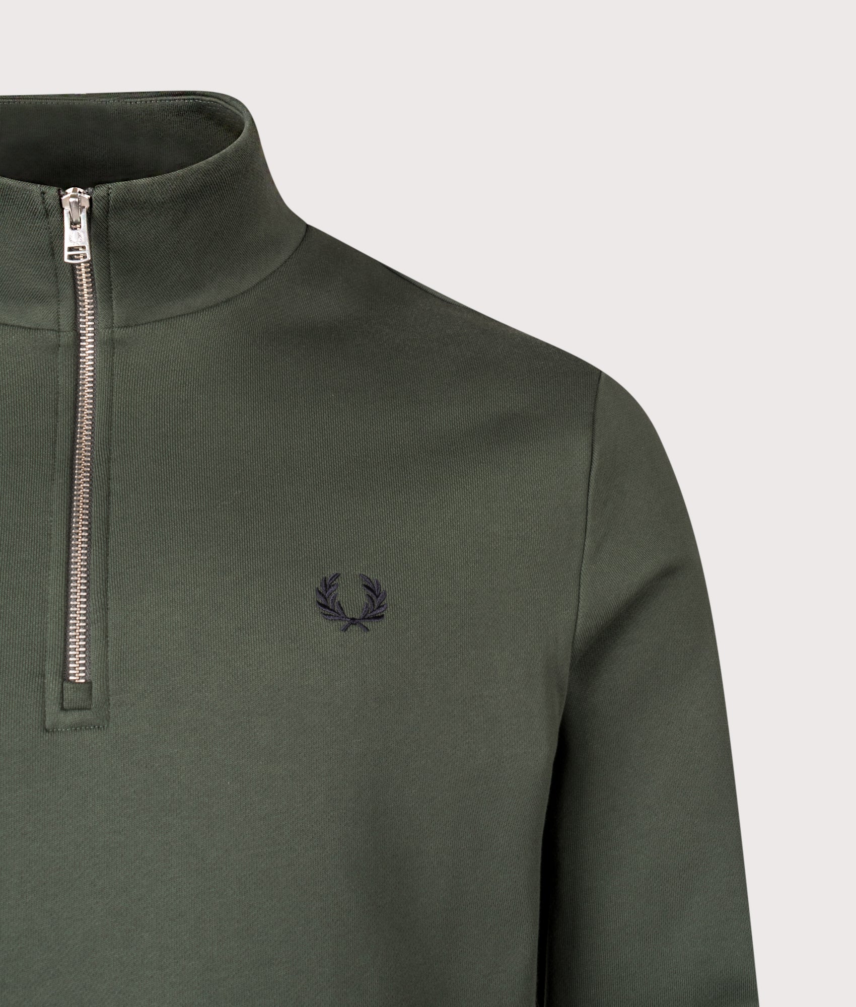 Quarter Zip Sweatshirt in Court Green/Snow White/Navy | 100% Cotton | Fred Perry | EQVVS | Front detail shot 