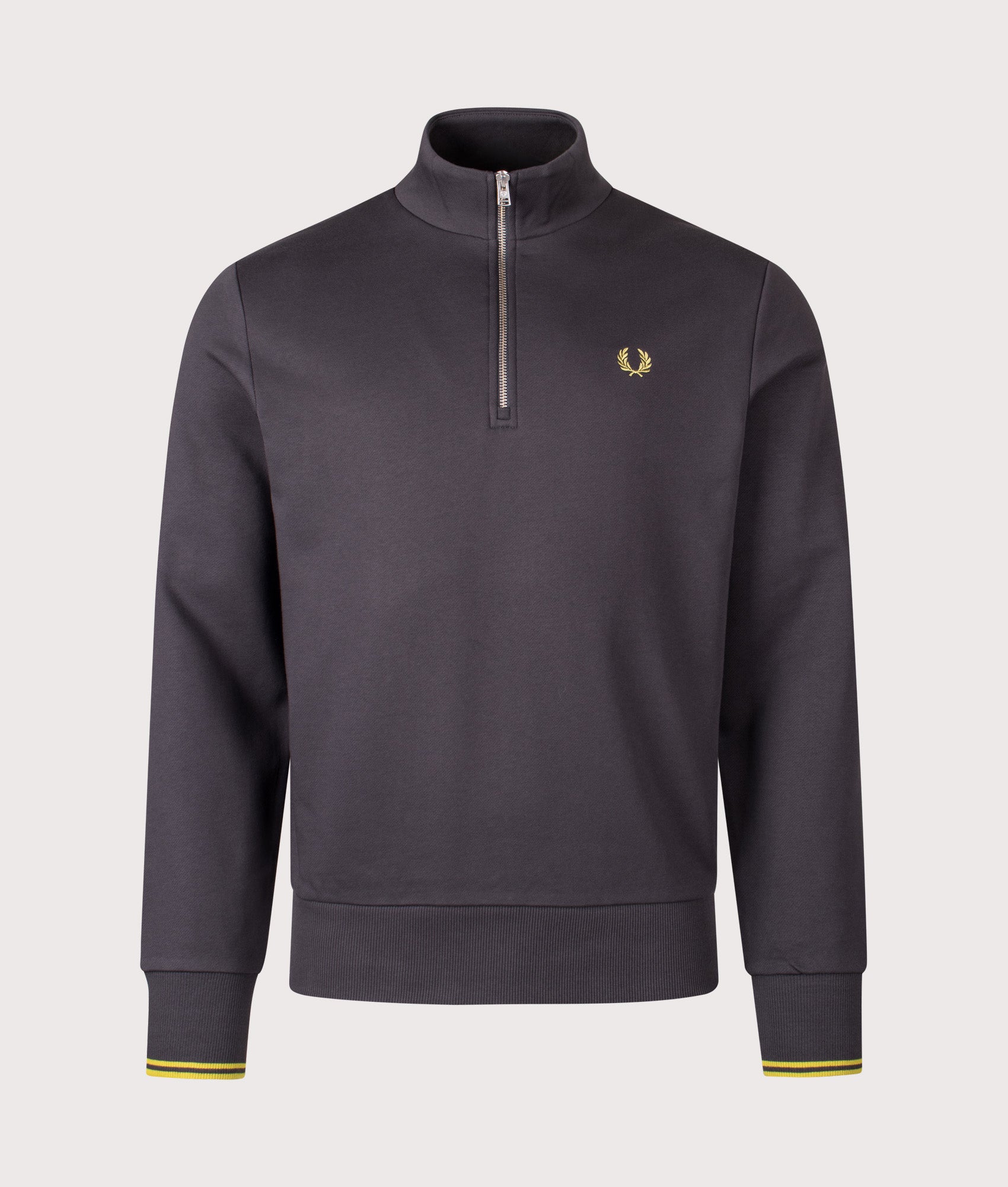 Fred Perry Quarter Zip Sweatshirt in Anchor Grey and Tennis Ball Yellow at EQVVS Menswear. Front shot.