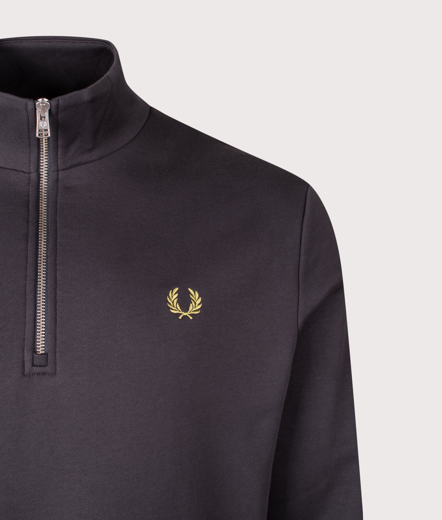 Fred Perry Quarter Zip Sweatshirt in Anchor Grey and Tennis Ball Yellow at EQVVS Menswear. Detail shot.