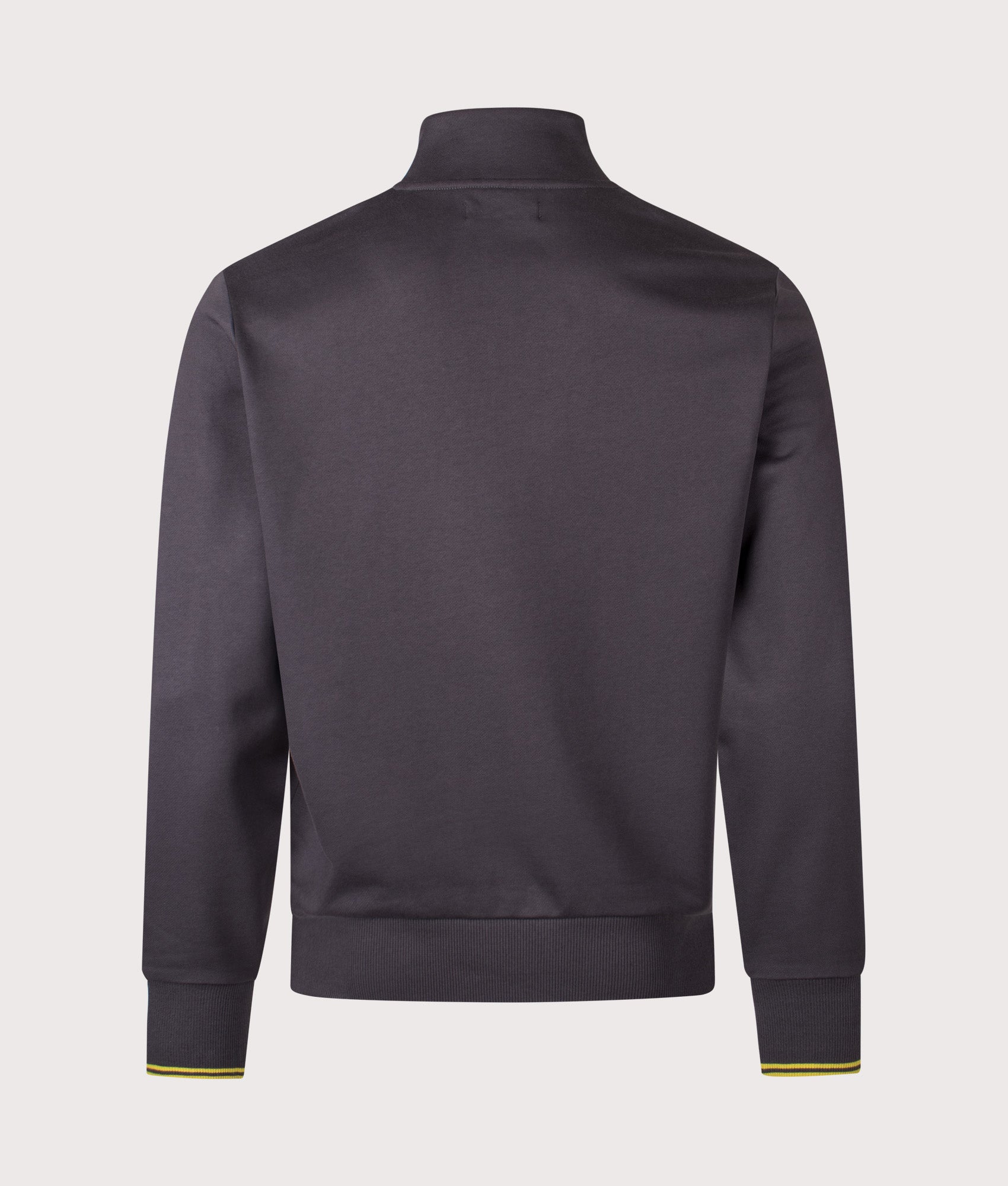 Fred Perry Quarter Zip Sweatshirt in Anchor Grey and Tennis Ball Yellow at EQVVS Menswear. Back shot.