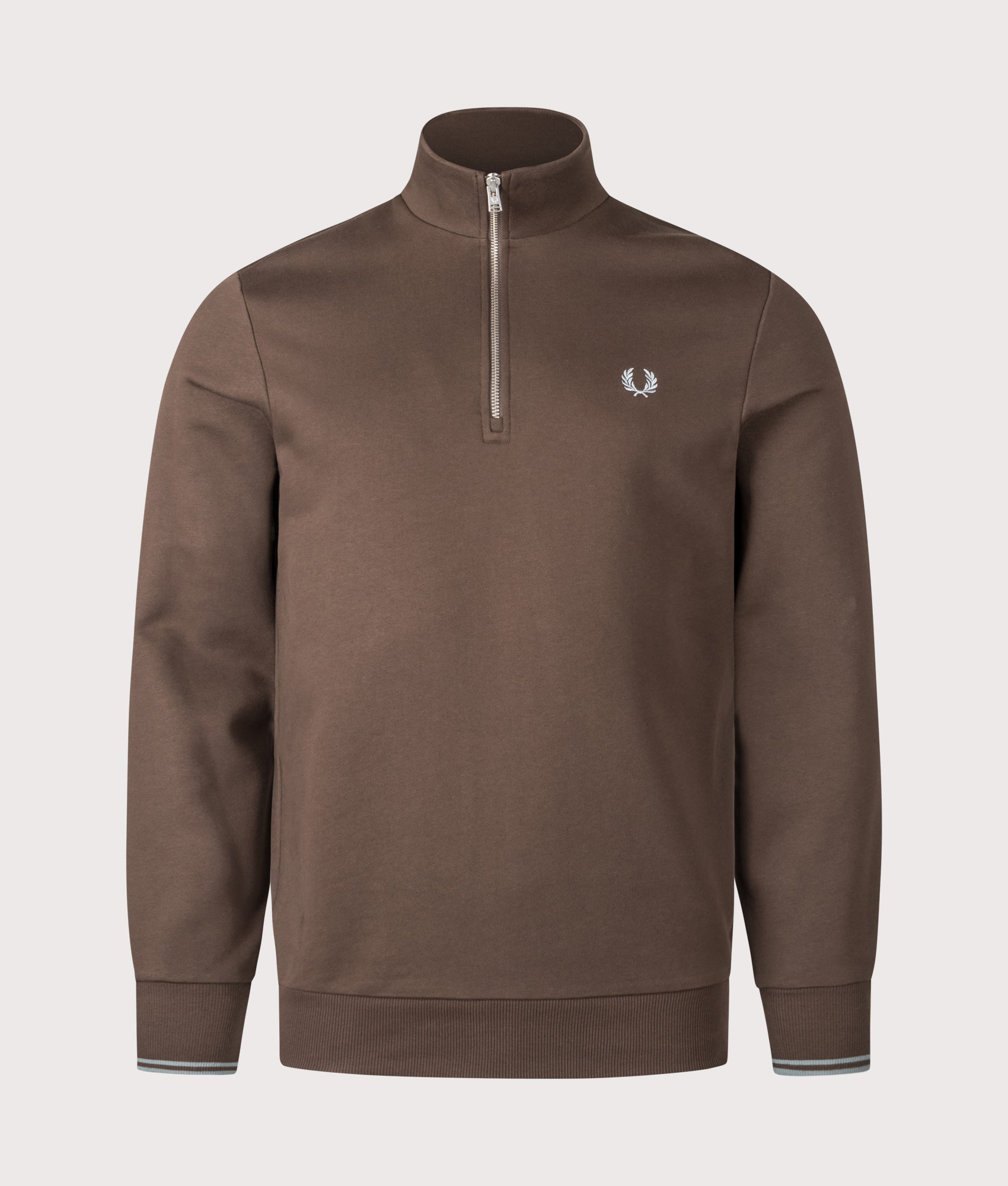 Quarter Zip Sweatshirt in Burnt Tobacco/Stockport Blue | 100% Cotton | Fred Perry | EQVVS | Front shot 