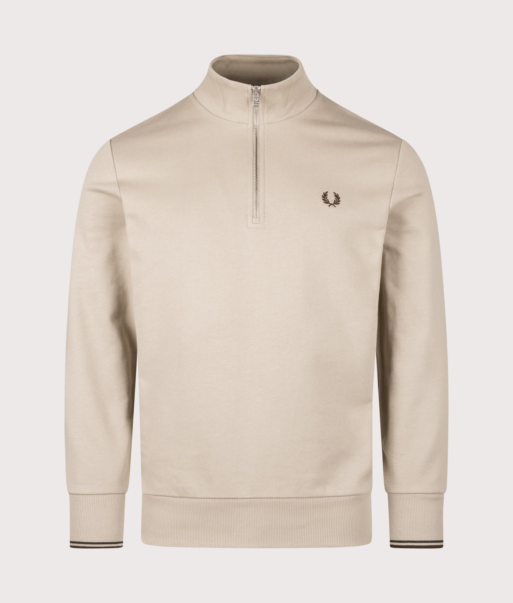 Quarter Zip Sweatshirt in Warm Oat/Court Green/Burnt Tobacco | 100% Cotton | Fred Perry | EQVVS | Front shot 