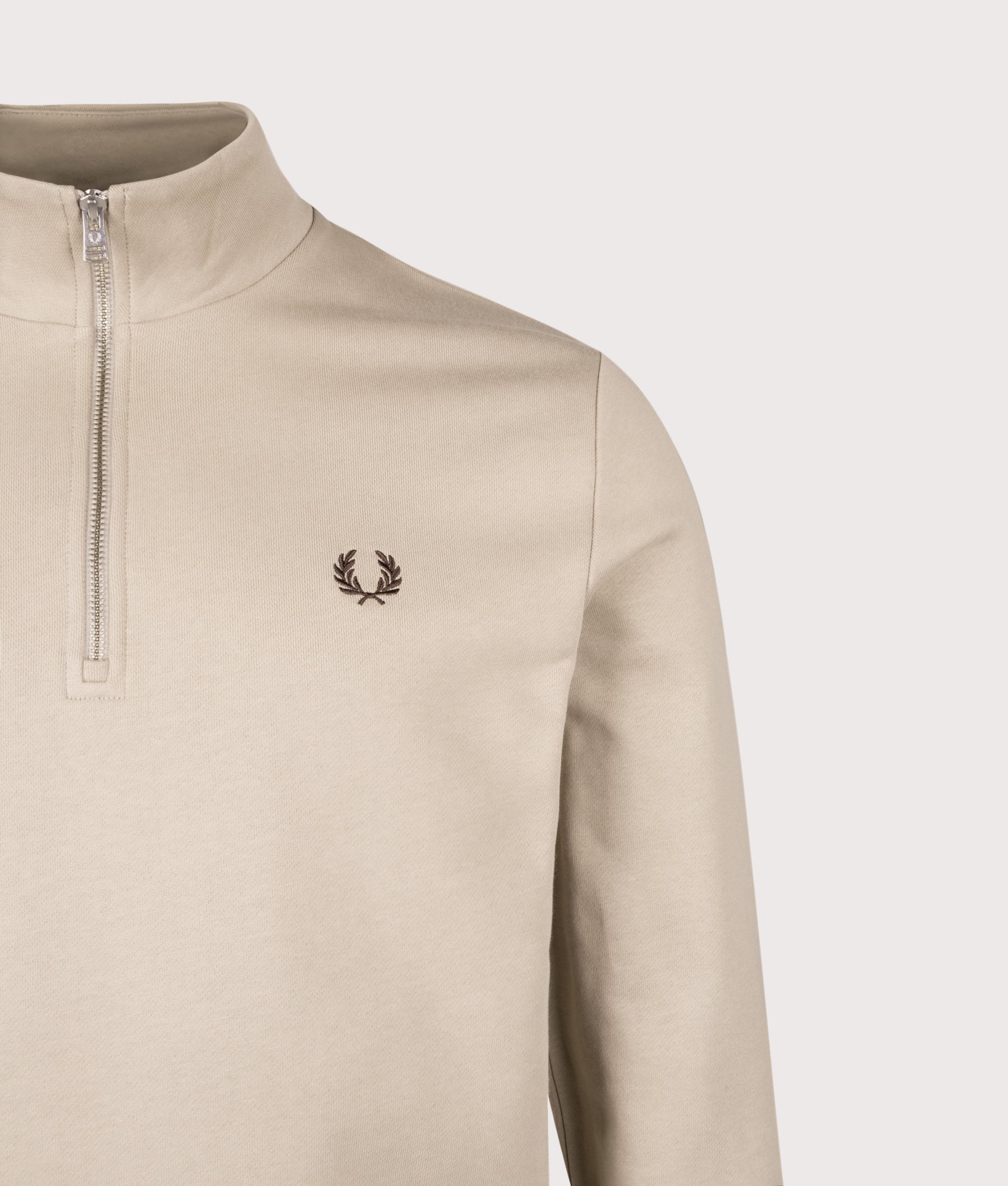 Quarter Zip Sweatshirt in Warm Oat/Court Green/Burnt Tobacco | 100% Cotton | Fred Perry | EQVVS | Front detail shot 