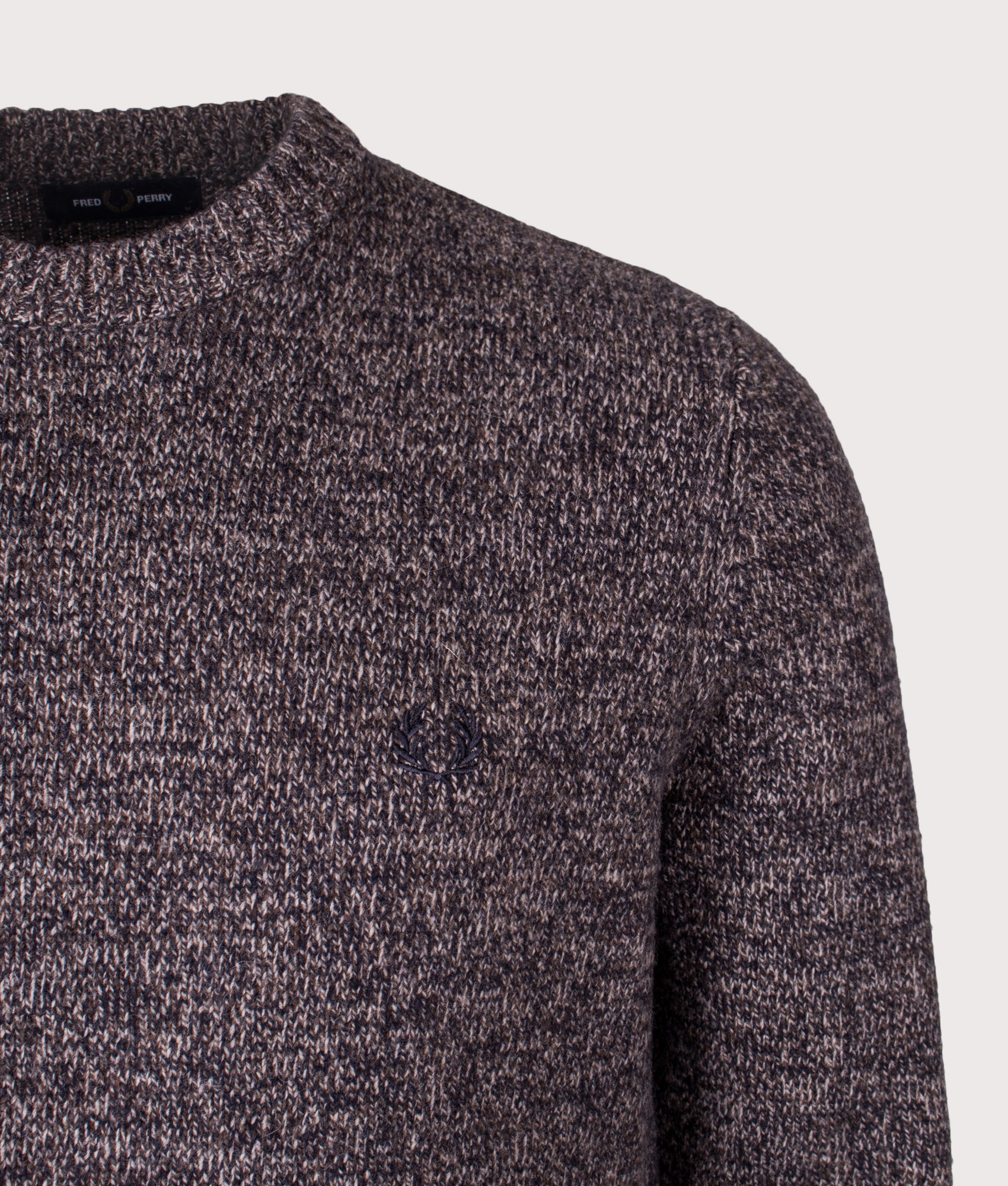 Fred Perry Twisted Marl Jumper in Navy, Warm Oat and Burnt Tobacco at EQVVS Menswear. Detail shot.