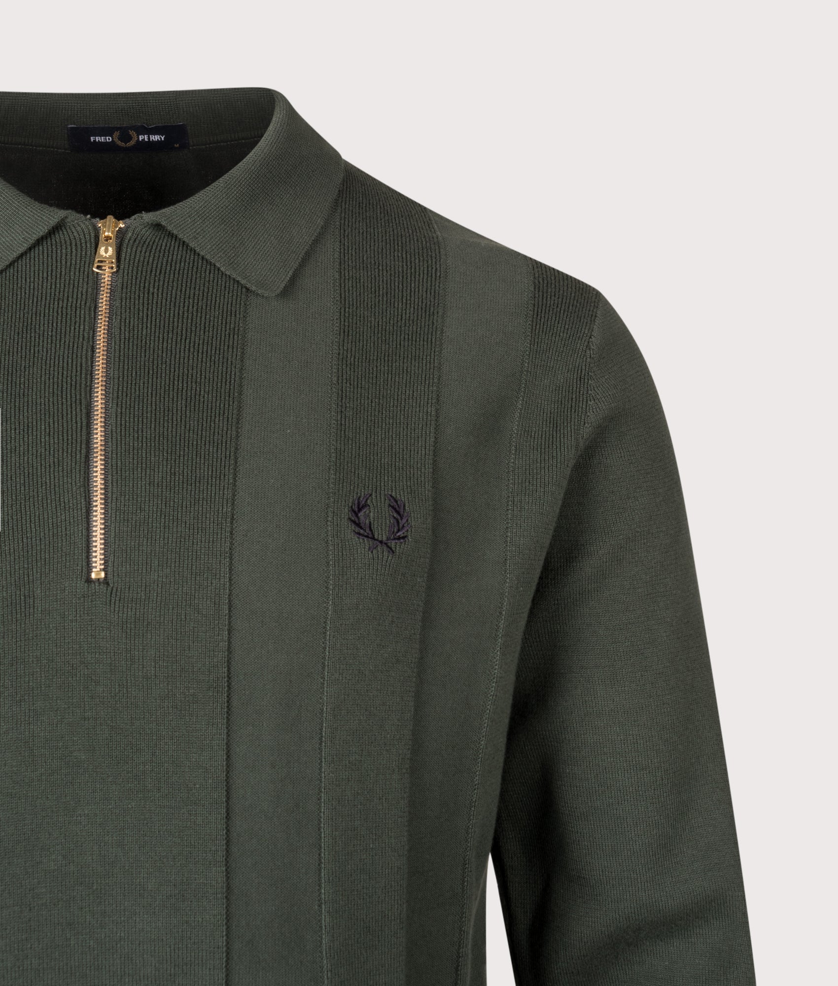 Fred Perry Tonal Stripe Knitted Shirt in Court Green at EQVVS Menswear. Detail shot.