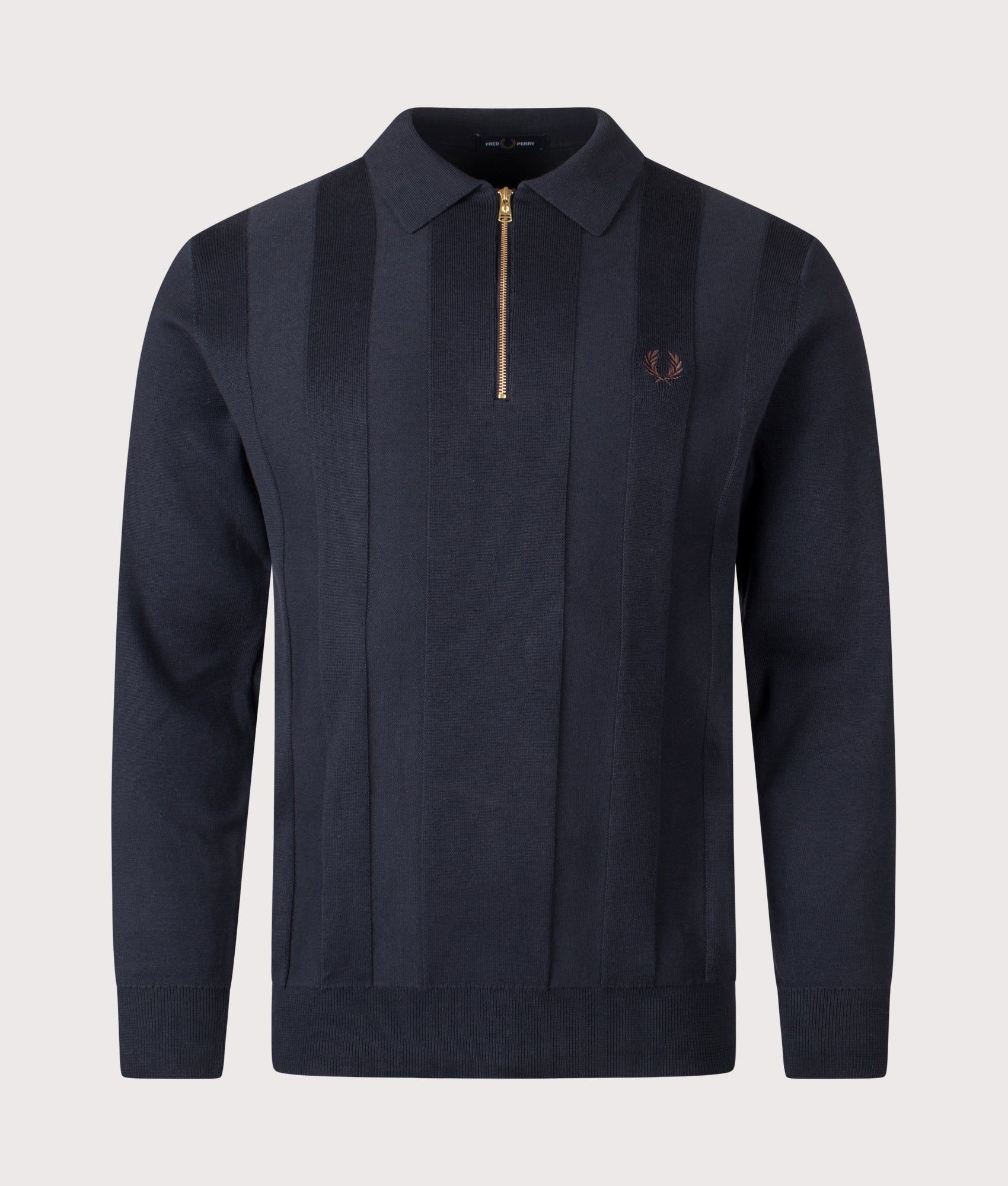 Fred Perry Tonal Stripe Knitted Shirt in Navy at EQVVS Menswear. Front shot.