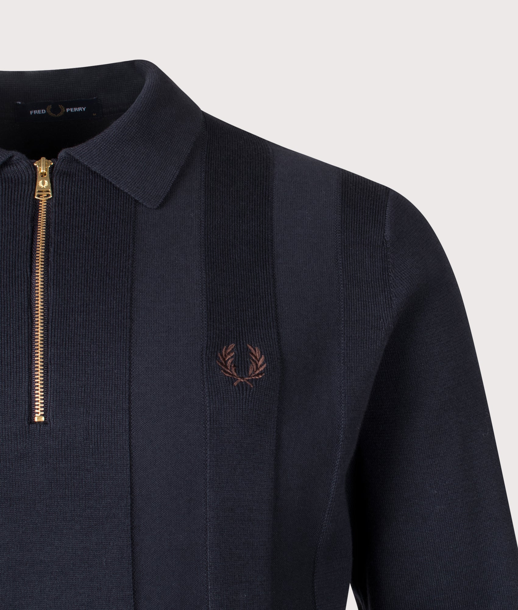 Fred Perry Tonal Stripe Knitted Shirt in Navy at EQVVS Menswear. Detail shot.