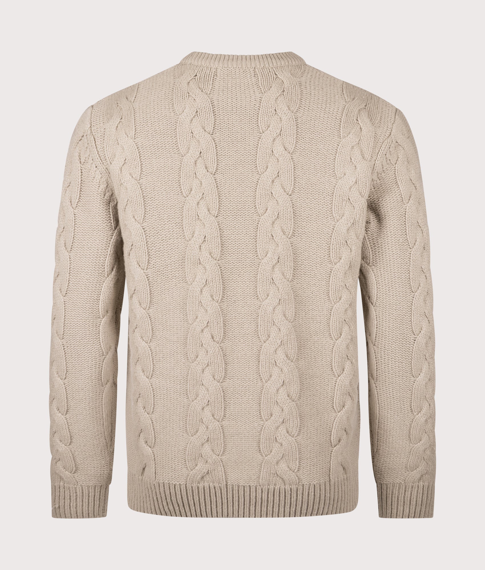Fred Perry Chunky Cable Knit Jumper in Warm Oat at EQVVS Menswear. Back shot.