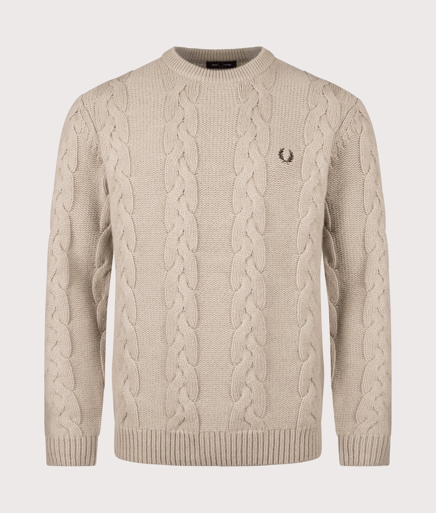 Fred Perry Chunky Cable Knit Jumper in Warm Oat at EQVVS Menswear. Front shot.