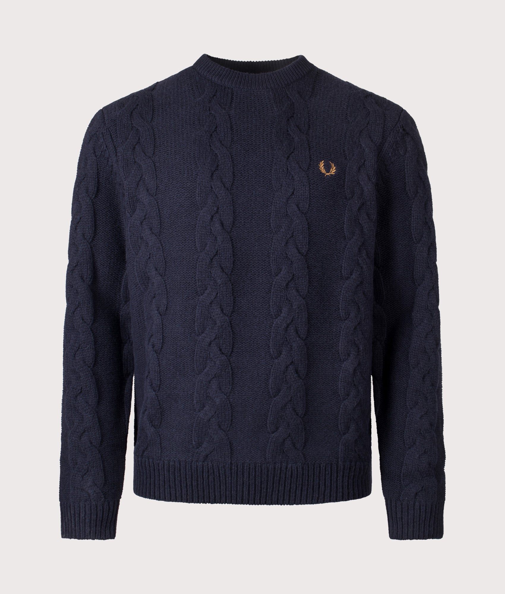  Fred Perry Chunky Cable Knit Jumper in Navy at EQVVS Menswear. Front shot.