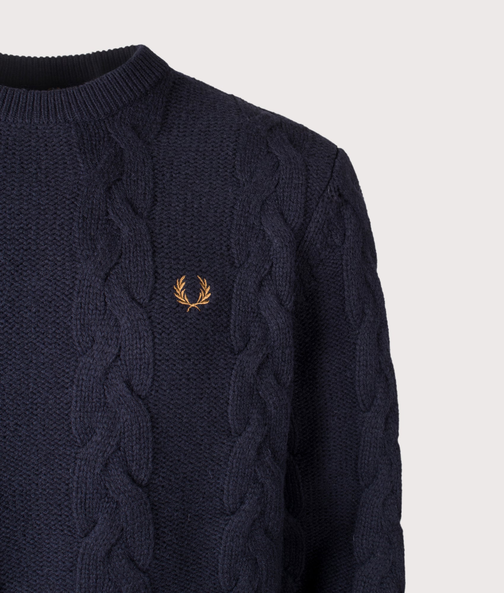 Fred Perry Chunky Cable Knit Jumper in Navy at EQVVS Menswear. Detail shot.
