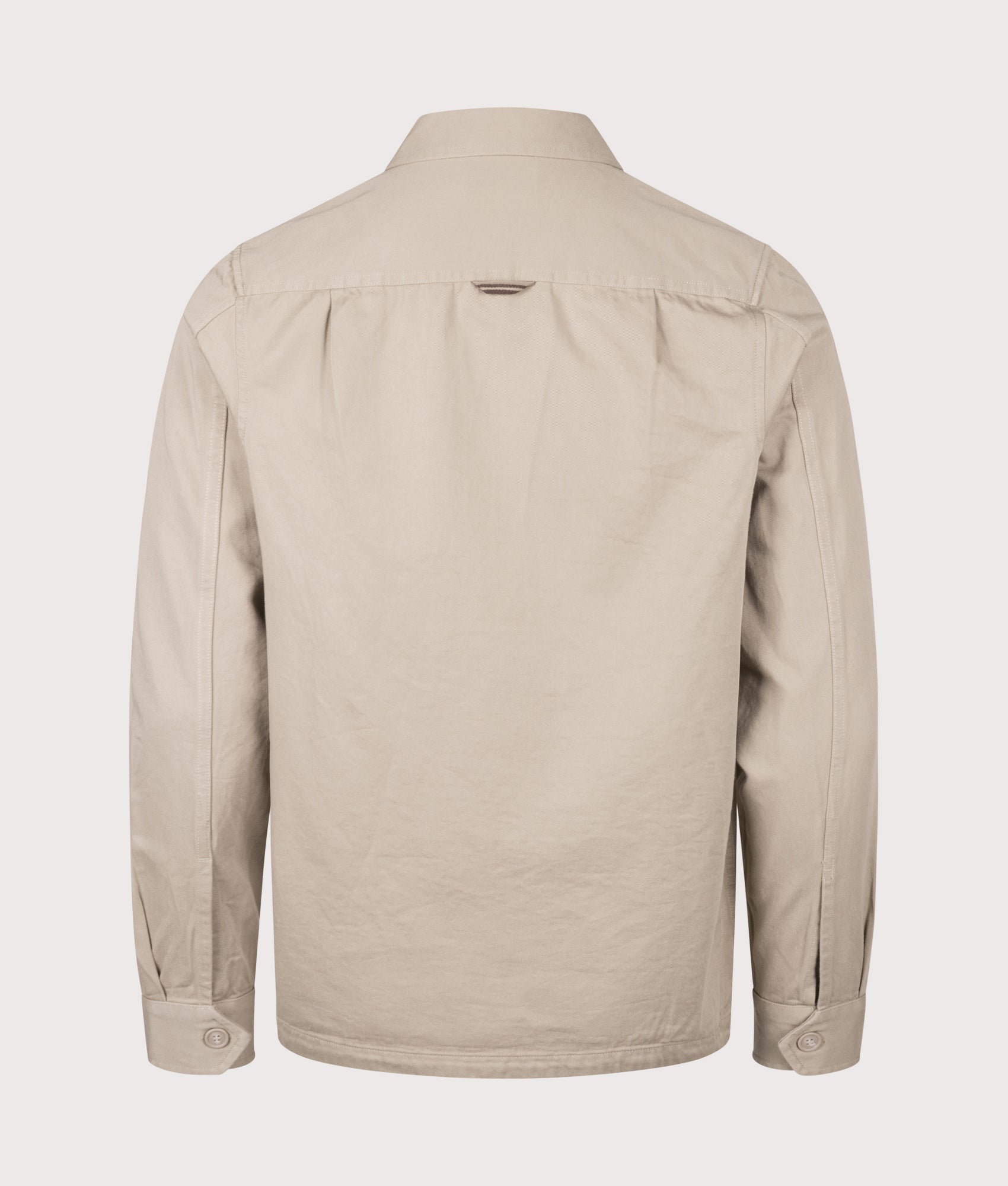 Fred Perry Twill Zip Through Overshirt in Warm Oat at EQVVS Menswear. Back shot.