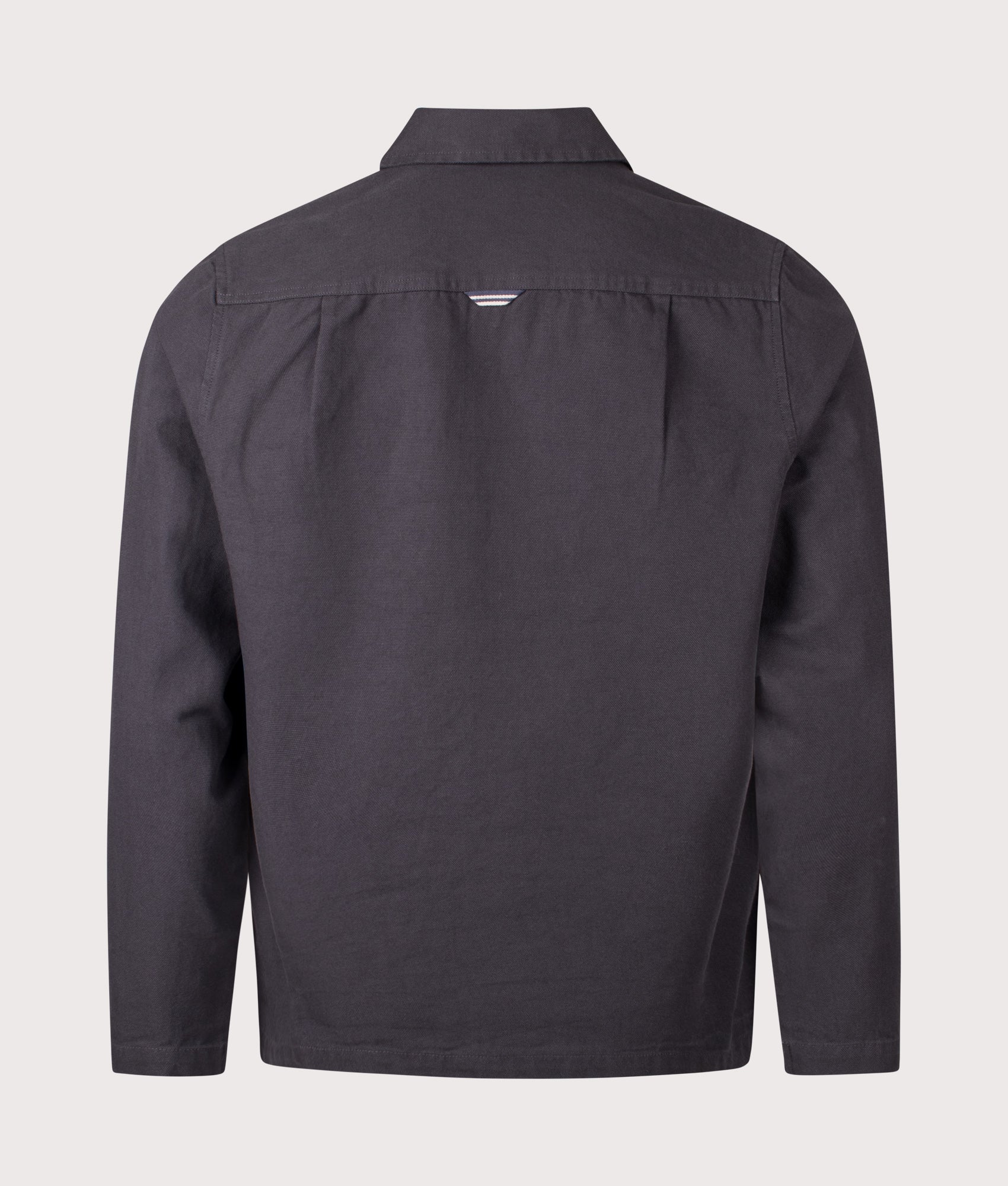 Fred Perry Canvas Overshirt in Anchor Grey at EQVVS Menswear. Back shot.