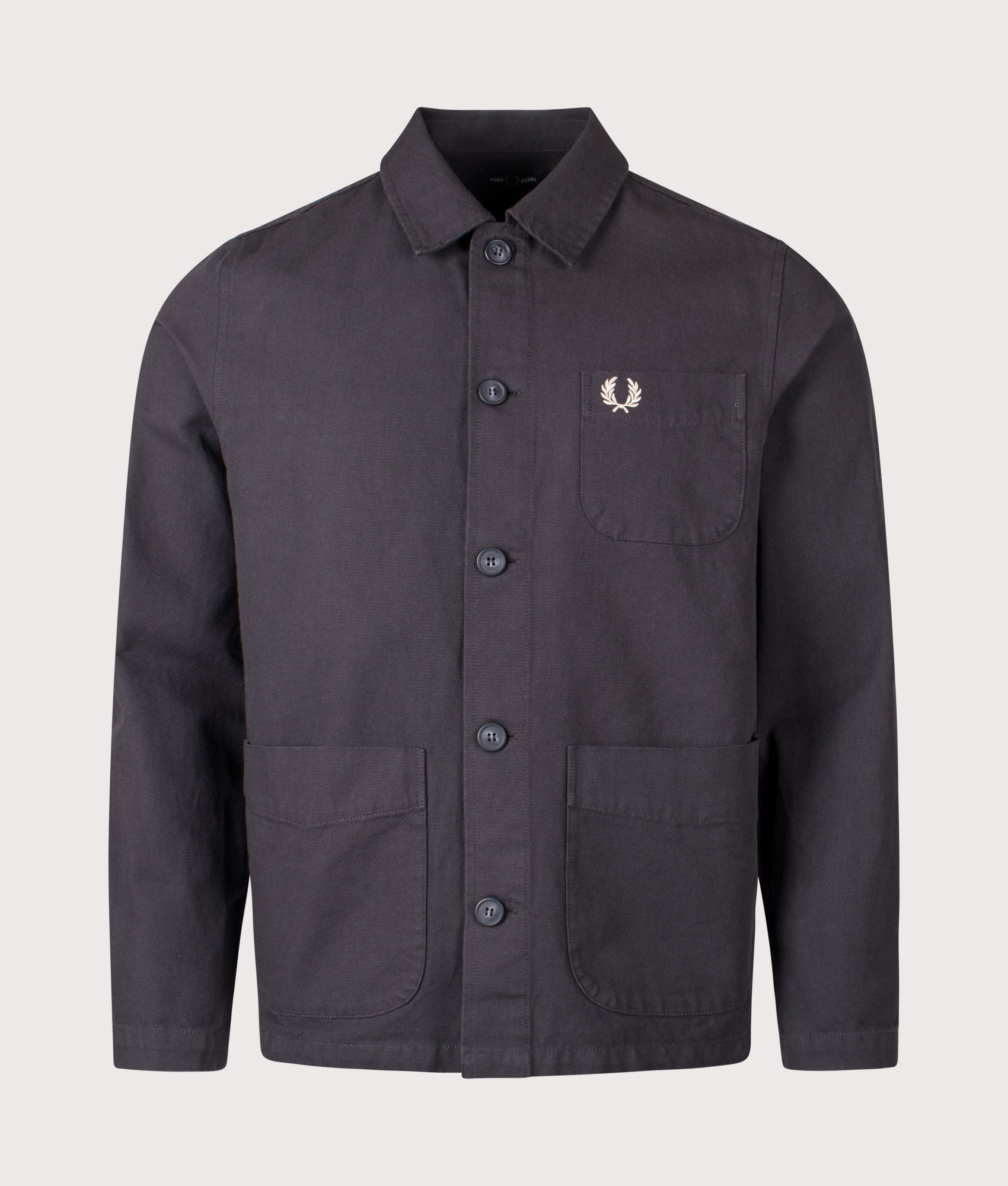 Fred Perry Canvas Overshirt in Anchor Grey at EQVVS Menswear. Front shot. 