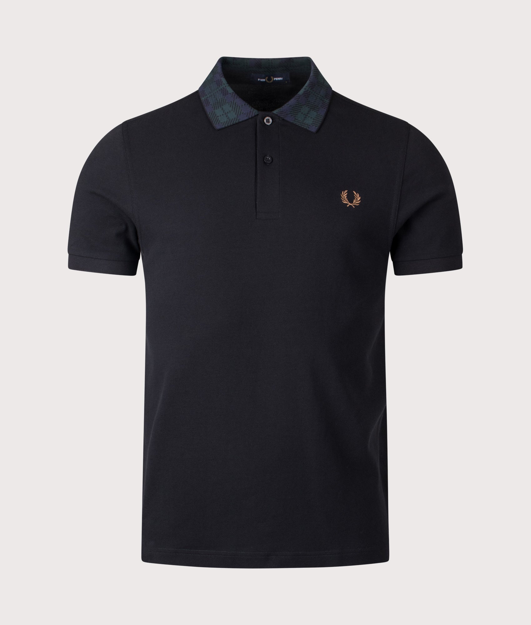 Fred Perry Blackwatch Tartan Collar Polo Shirt in Black at EQVVS Menswear. Front shot.