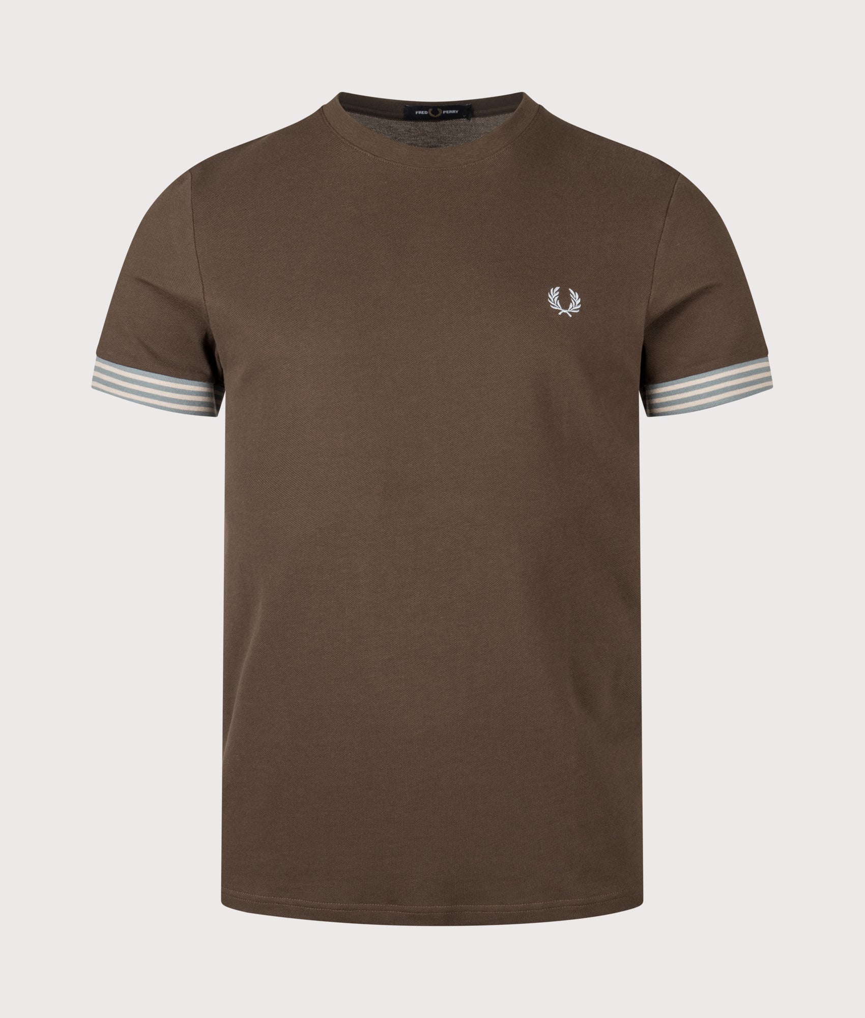 Fred Perry Striped Cuff T-Shirt in Burnt Tobacco at EQVVS Menswear. Front shot.