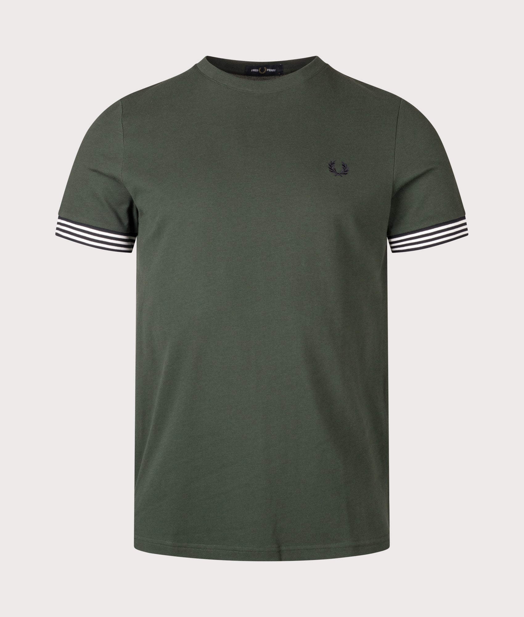 Fred Perry Striped Cuff T-Shirt in Court Green at EQVVS Menswear. Front shot.
