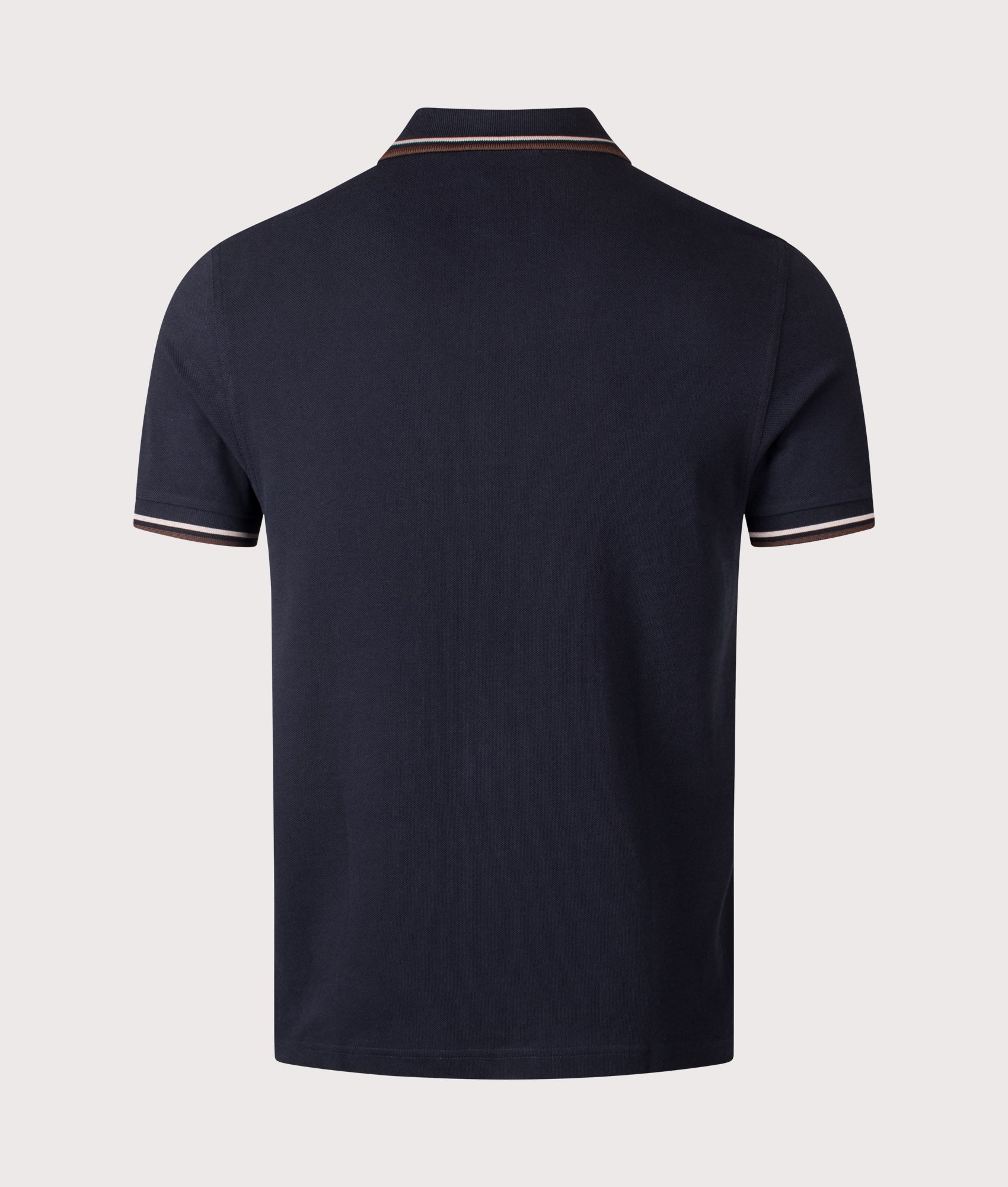 Fred Perry Twin Tipped  Polo Shirt in Navy, Warm Oat and Burnt Tobacco at EQVVS Menswear. Back shot.