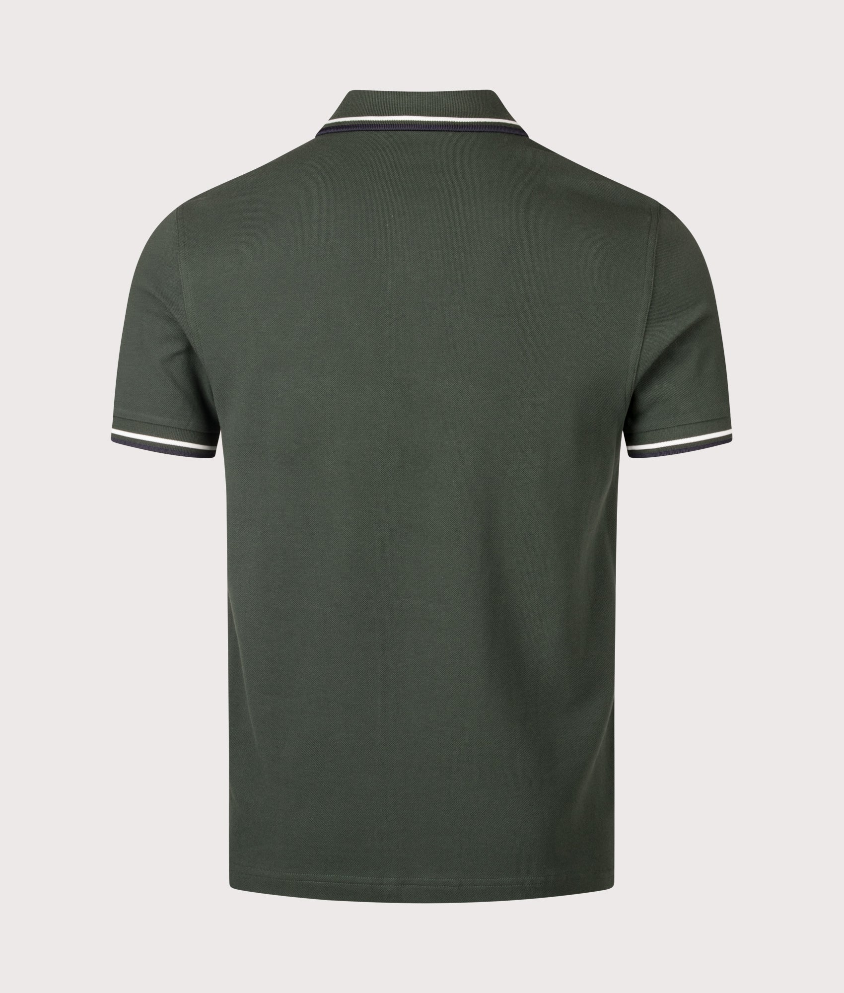 Fred Perry Twin Tipped Fred Perry Polo Shirt in Court Green, Snow White and Navy at EQVVS Menswear. Back shot.