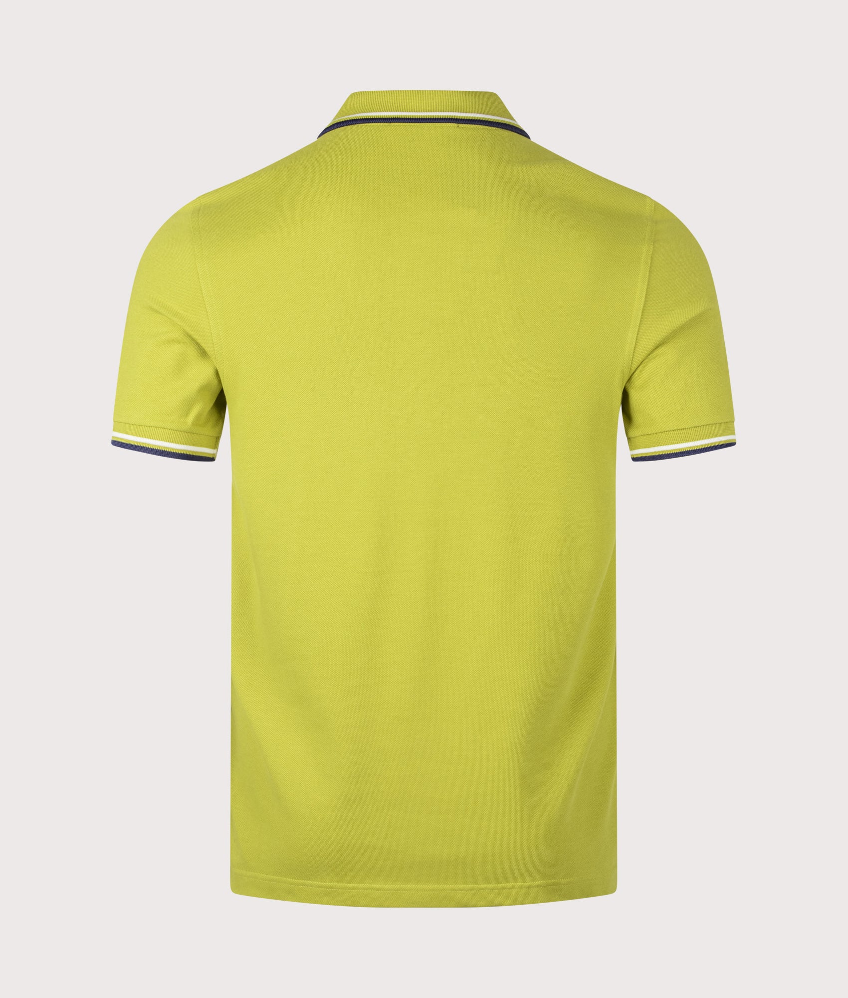 Fred Perry Twin Tipped Polo Shirt in Tennis Ball Yellow, Ecru and French Navy at EQVVS Menswear. Back shot.