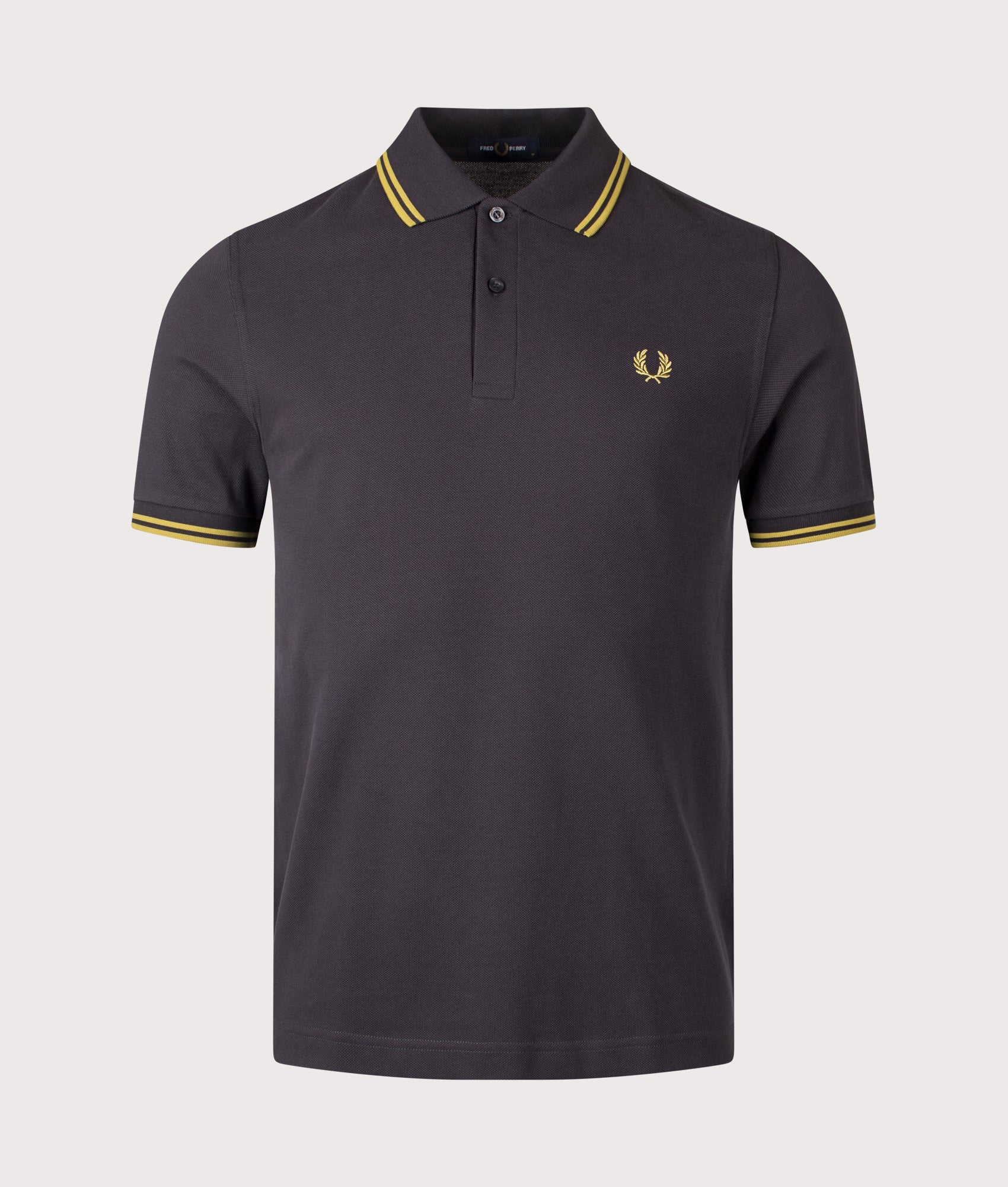 Fred Perry Twin Tipped Polo Shirt in Anchor Grey and Tennis Ball Yellow at EQVVS Menswear. Front shot.