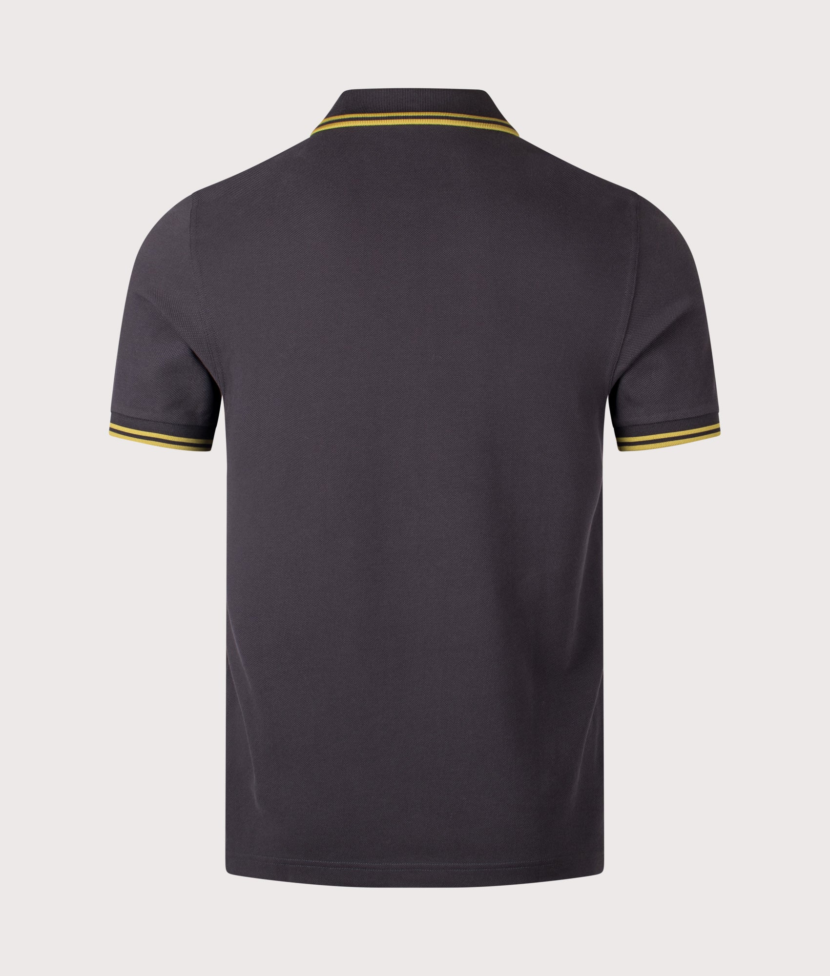 Fred Perry Twin Tipped Polo Shirt in Anchor Grey and Tennis Ball Yellow at EQVVS Menswear. Back shot.
