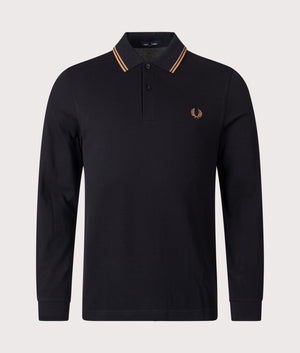 Fred Perry Long Sleeve Twin Tipped Polo Shirt in Black and Shaded Stone at EQVVS Menswear. Front shot. 