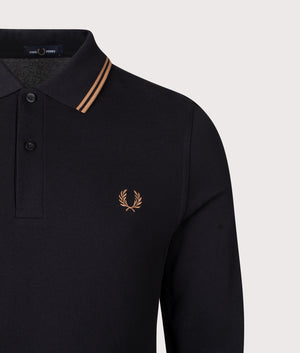 Fred Perry Long Sleeve Twin Tipped Polo Shirt in Black and Shaded Stone at EQVVS Menswear. Detail shot.