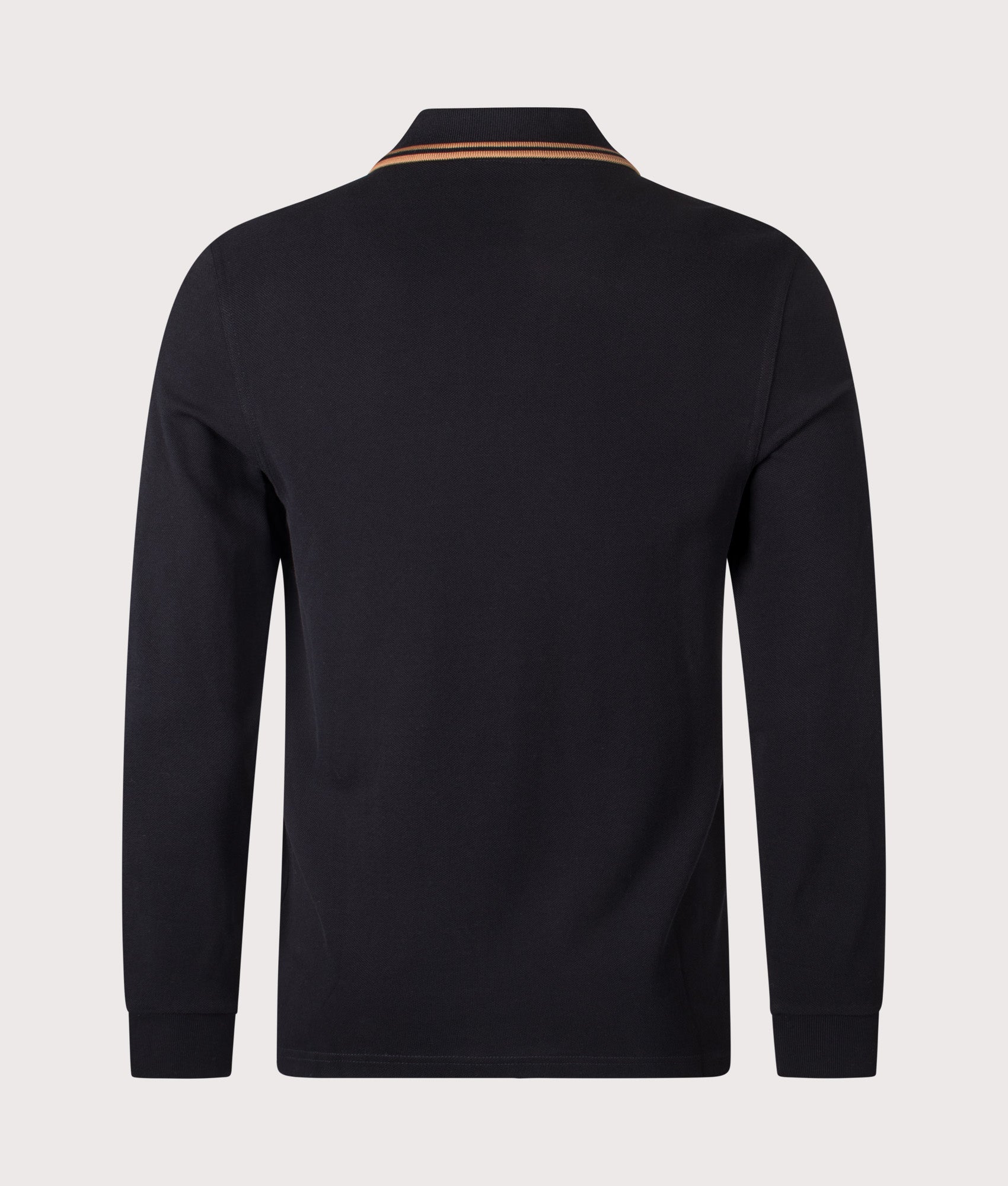 Fred Perry Long Sleeve Twin Tipped Polo Shirt in Black and Shaded Stone at EQVVS Menswear. Back shot.