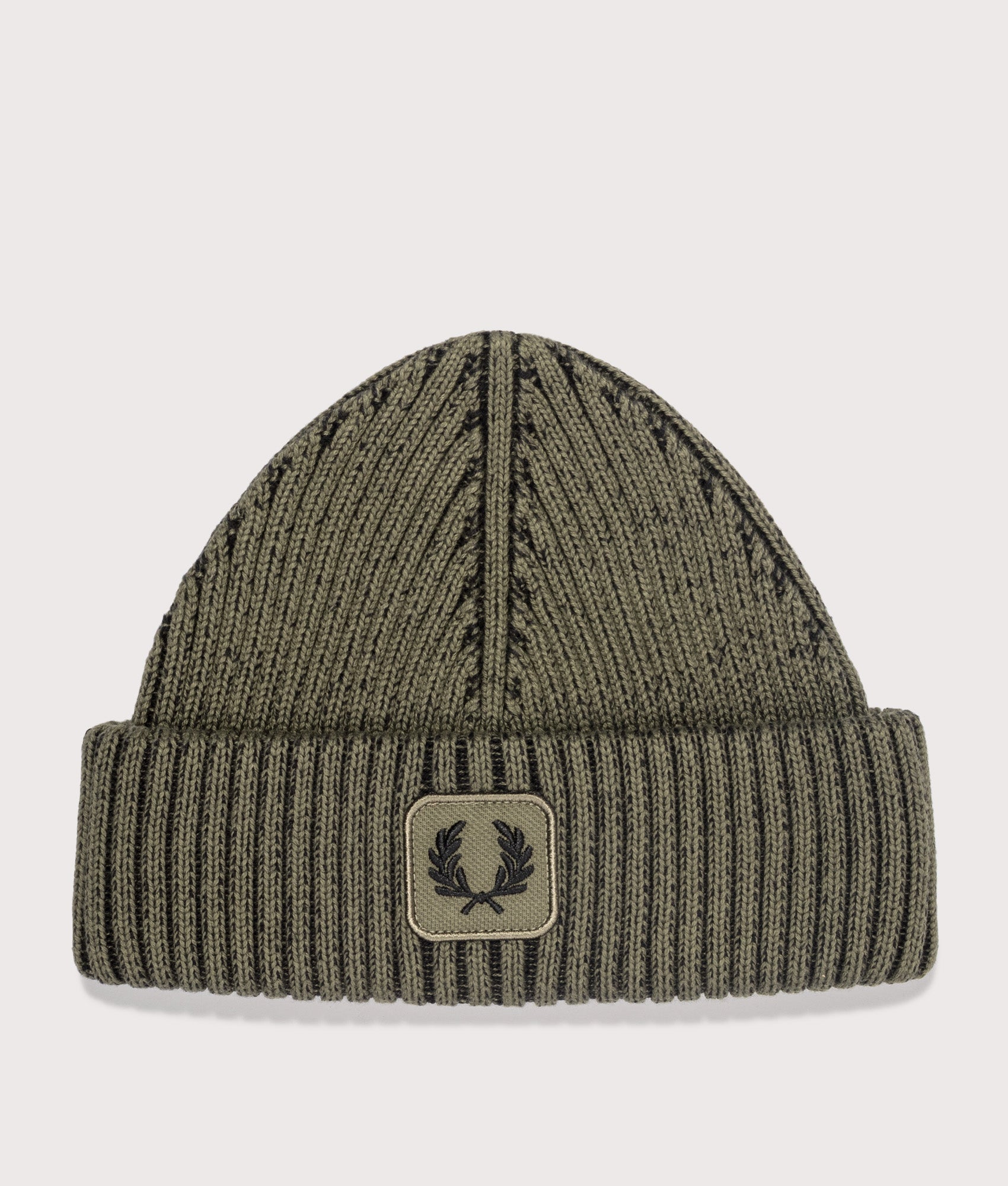Cotton Ribbed Beanie in Laurel Wreath Green/Black | Fred Perry | EQVVS | Front shot 