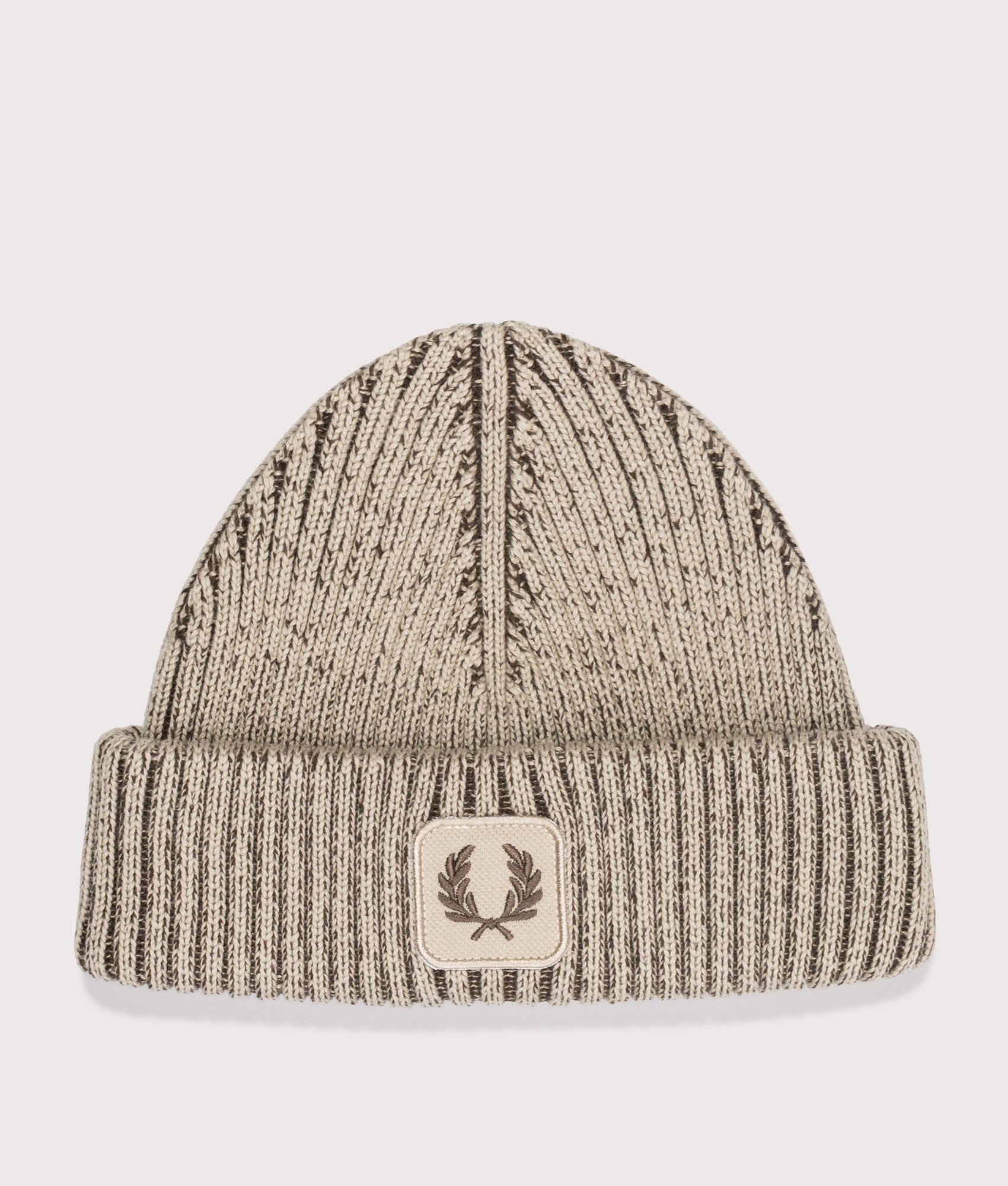 Cotton Ribbed Beanie in Warm Oat/Burnt Tobacco | Fred Perry | EQVVS | Front shot 