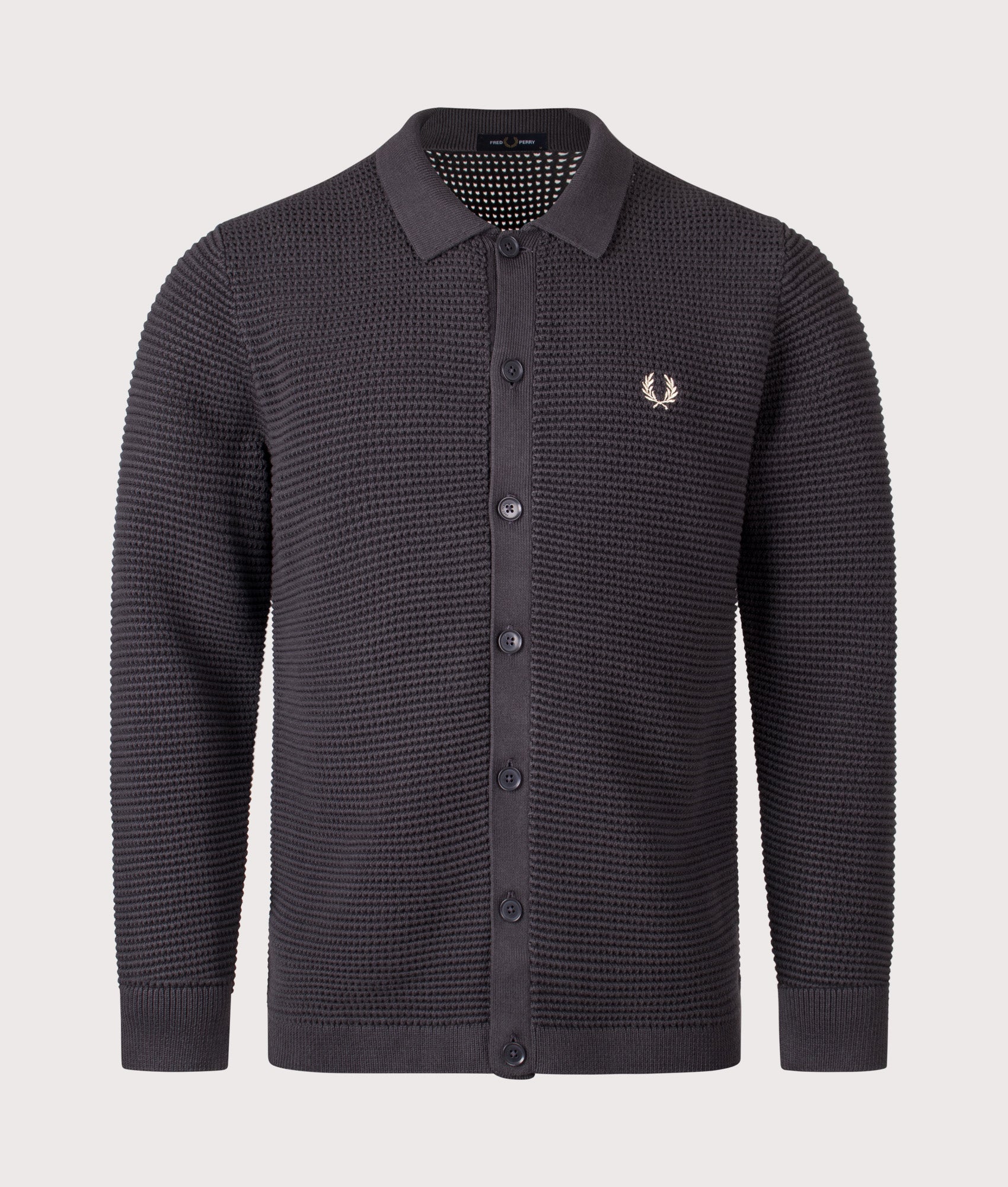 Fred Perry Pointelle Button Through Cardigan lands in Anchor Grey at EQVVS Menswear. Front shot.