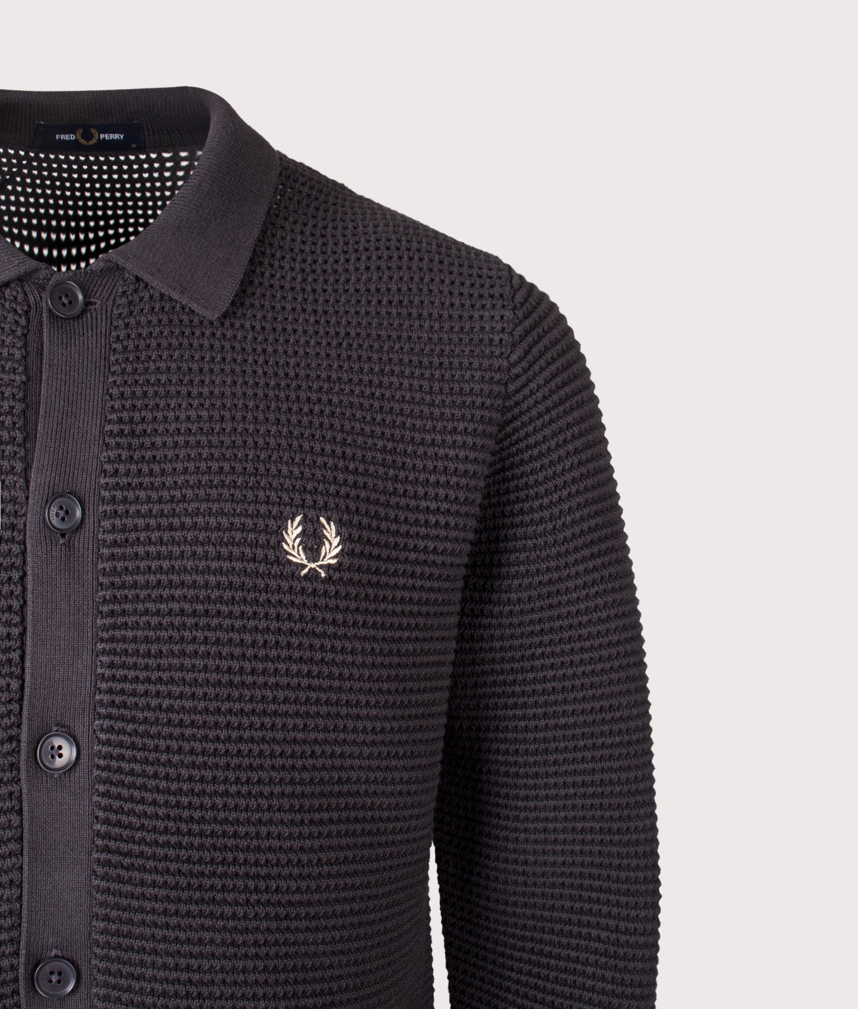 Fred Perry Pointelle Button Through Cardigan lands in Anchor Grey at EQVVS Menswear. Detail shot.
