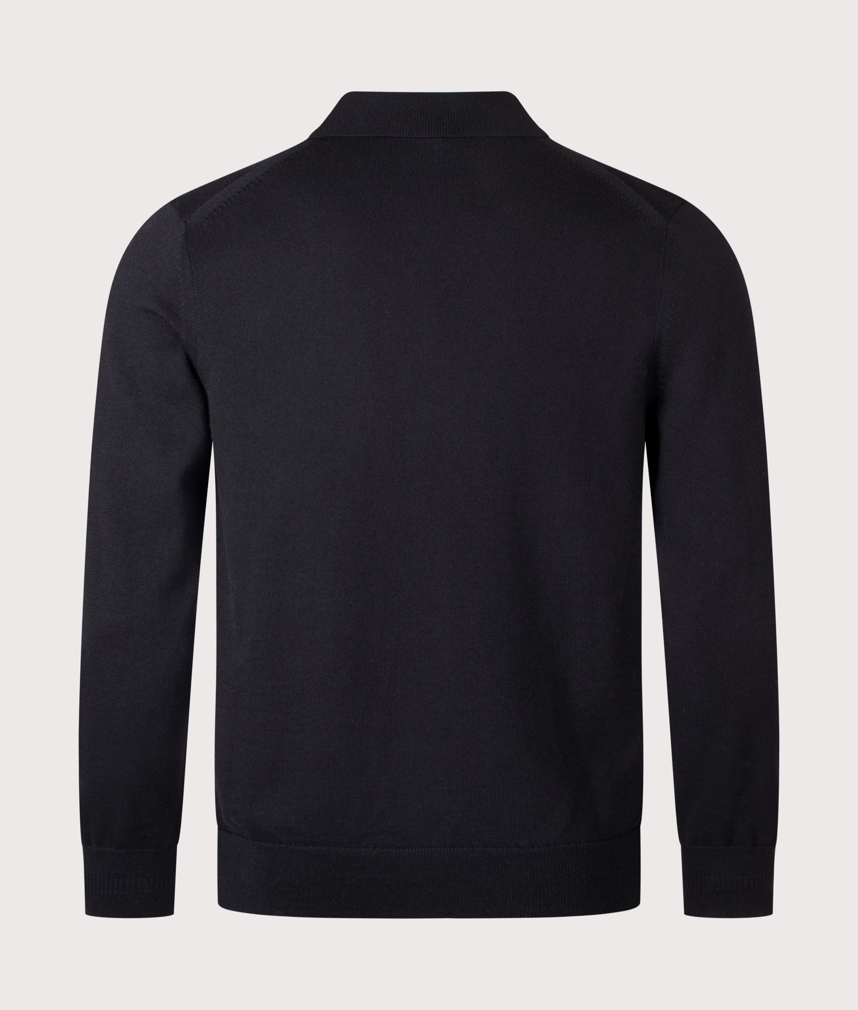 Fred Perry Long Sleeve Knitted Polo Shirt in Black at EQVVS Menswear. Back shot.