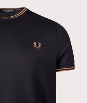 Twin Tipped T-Shirt by Fred Perry in Black. Shot by EQVVS. Detail shot.