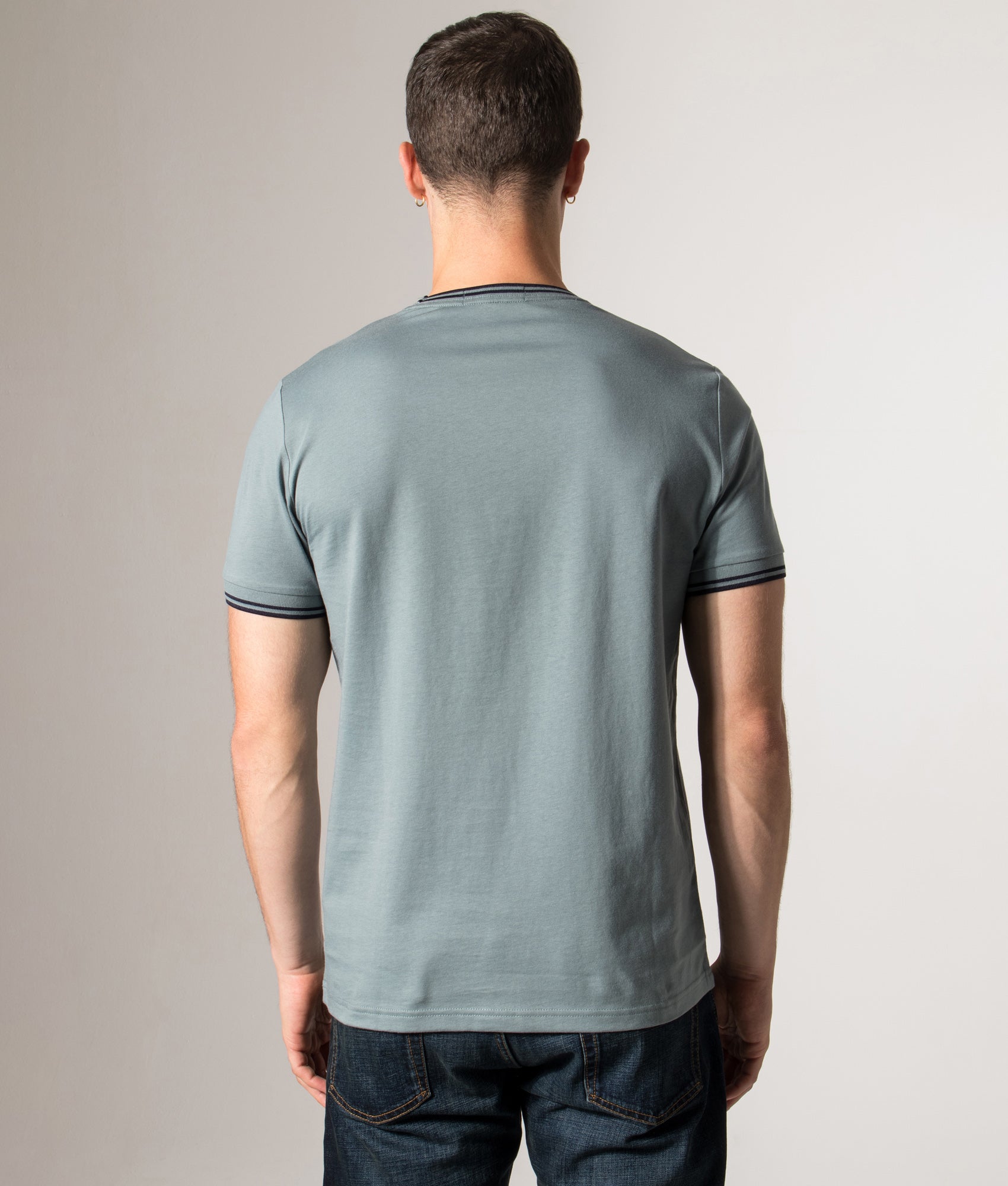 Fred Perry Twin Tipped T-Shirt in Stockport Blue/Navy/Navy at EQVVS Menswear. Model Back shot.