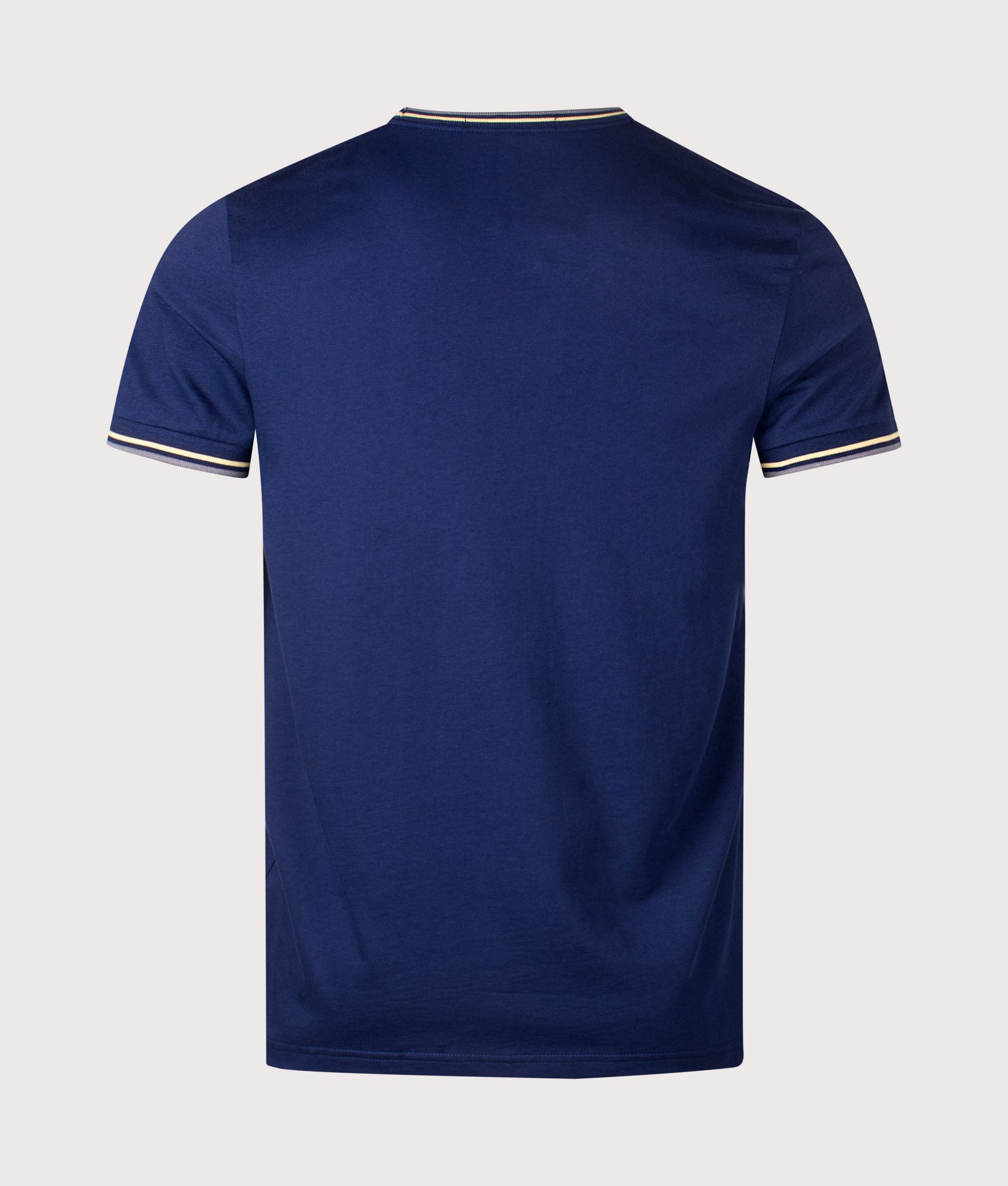 Fred Perry Twin Tipped T-Shirt in French Navy, Champions Gold and Stockport Blue at EQVVS Menswear. Back shot.