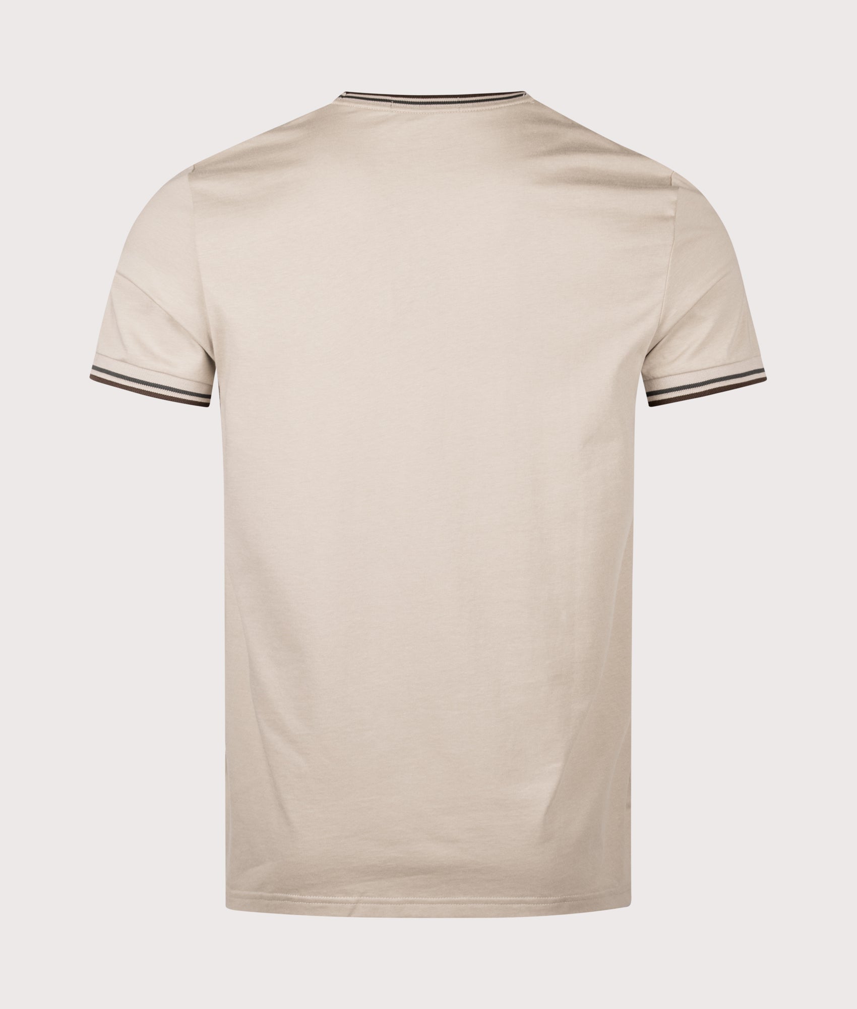 Fred Perry Twin Tipped T-Shirt in Warm Oat, Court Green and Burnt Tobacco at EQVVS Menswear. Back shot.