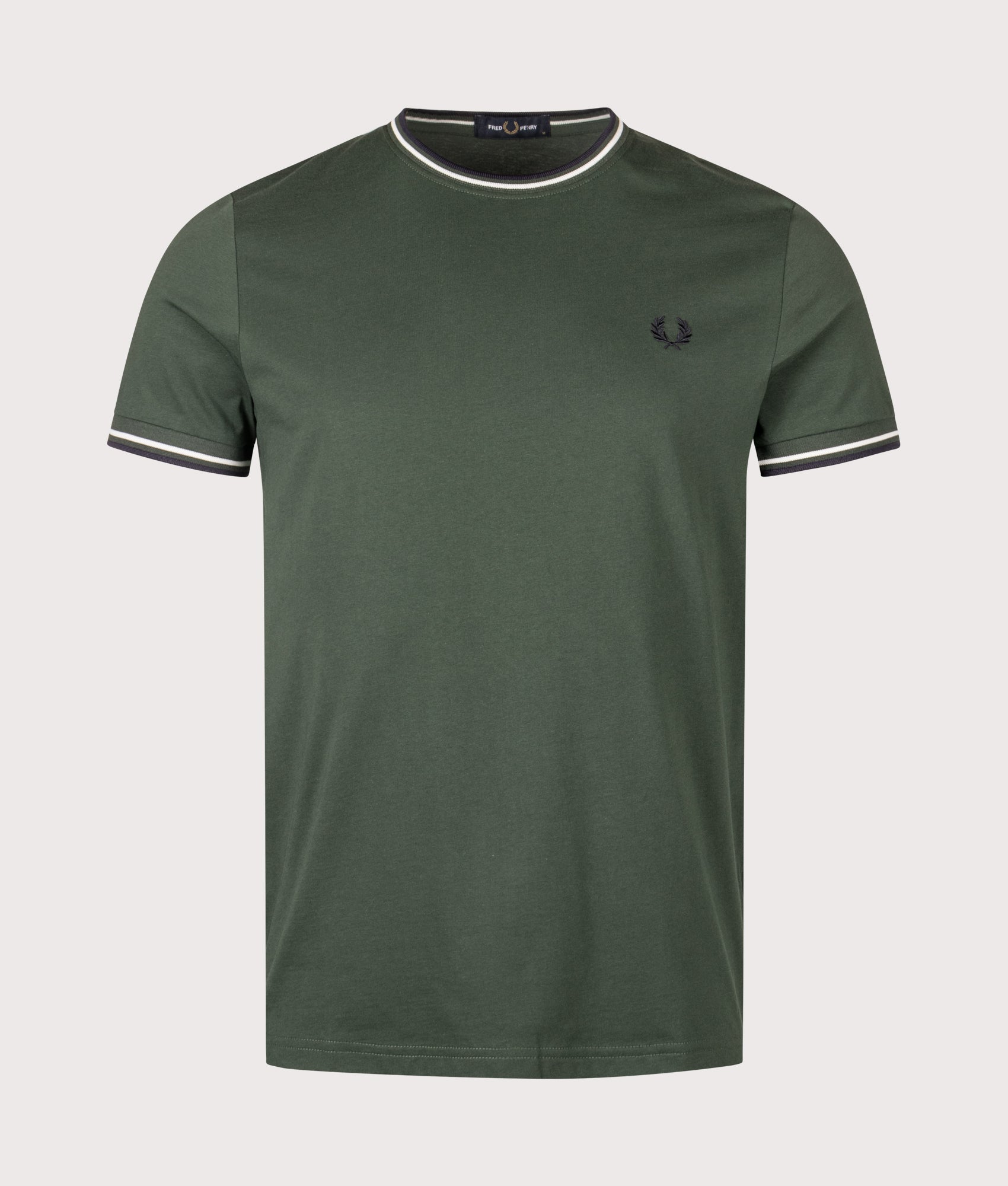 Fred Perry Twin Tipped T-Shirt in Court Green, Snow White and Navy at EQVVS Menswear. Front shot.